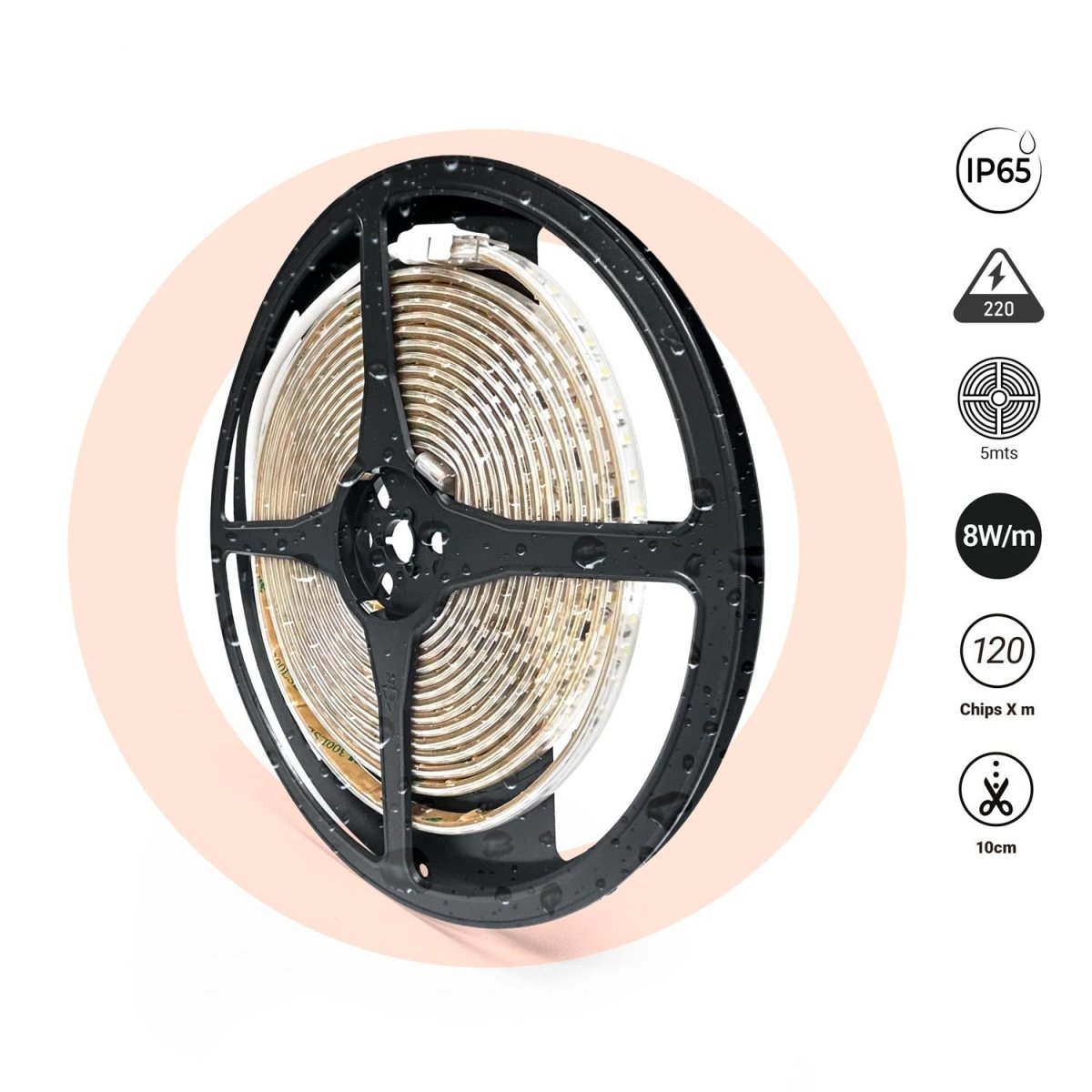 Tira LED 220V AC - Monocolor - 8W/m - 10mm - IP65 - 5 metros - 120ch/m - Barcelona Led-