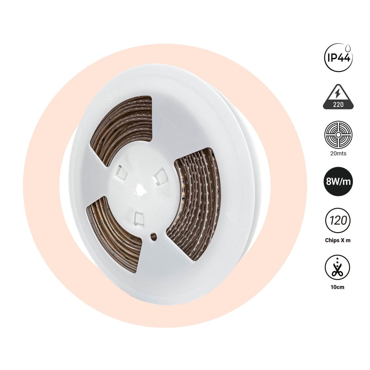 Tira LED 220V AC - Monocolor - 8W/m - 6.5mm - IP44 - 20 metros - 120ch/m - Barcelona Led-