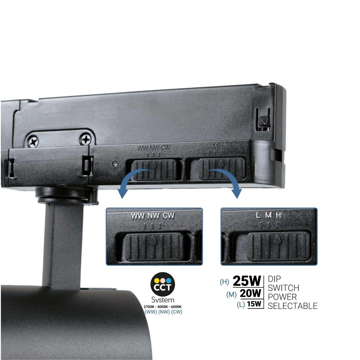 Proyector LED para carril trifásico - Potencia ajustable + ZOOM: 15W/20W/25W - CCT - Barcelona Led-