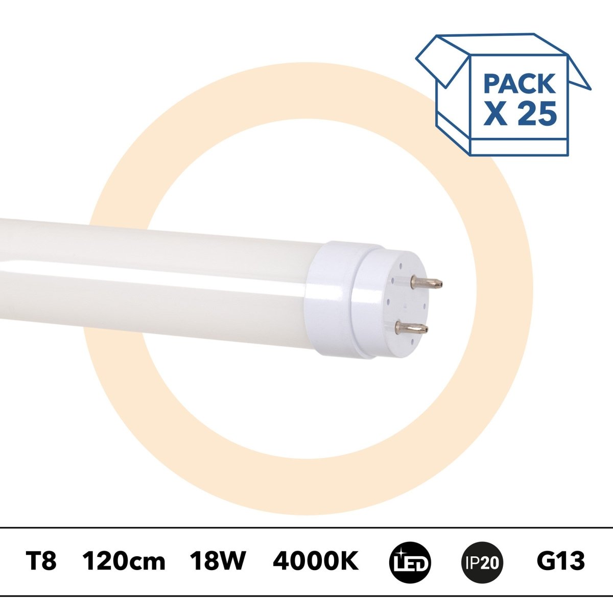PACK x 25 - Tubo LED T8 - 18W - 120cm - 1850lm - Conexión 1 punta - Barcelona Led-