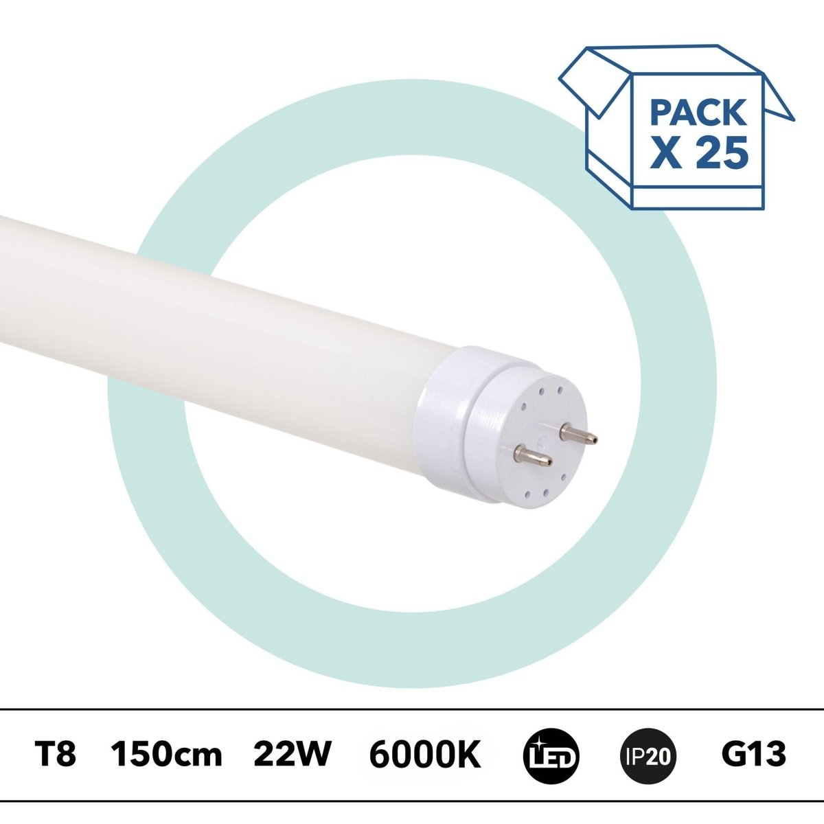 PACK x 25 - Tubo LED T8 - 22W - 150cm - 2280lm - Conexión 1 punta - Barcelona Led-
