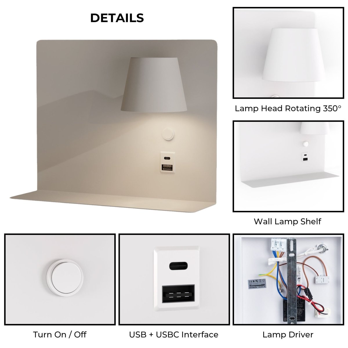 Aplique de pared para lectura con puerto USB y USBC "BASKOP" - 6W - Izquierda y Derecha - Barcelona Led-Decoración
