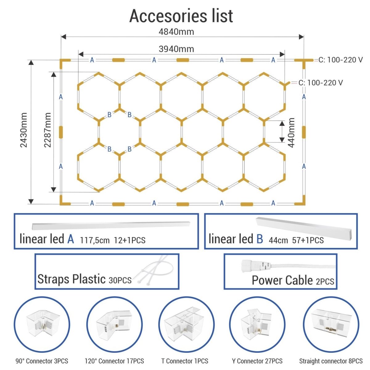 Lámpara LED hexagonal - 6500K - 14 hexágonos + Rectángulo 5m - Barcelona Led-