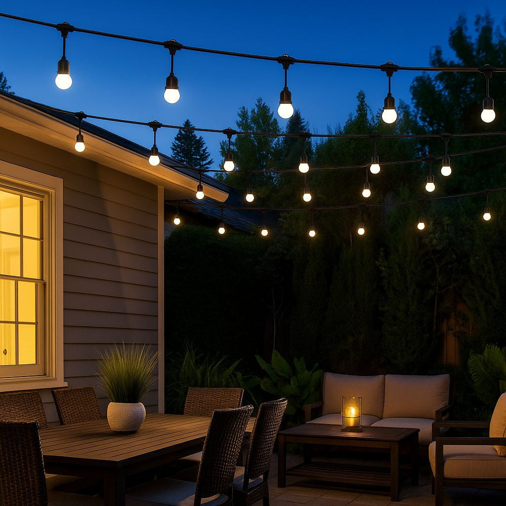 Kit guirnalda luces exterior 10 metros + 10 bombillas LED E27 1W - IP44 - Blanco cálido (8)