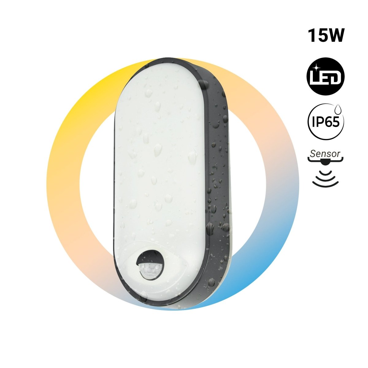 Plafón LED exterior ovalado con sensor PIR - 15W - CCT - IP65 - Barcelona Led-Decoración