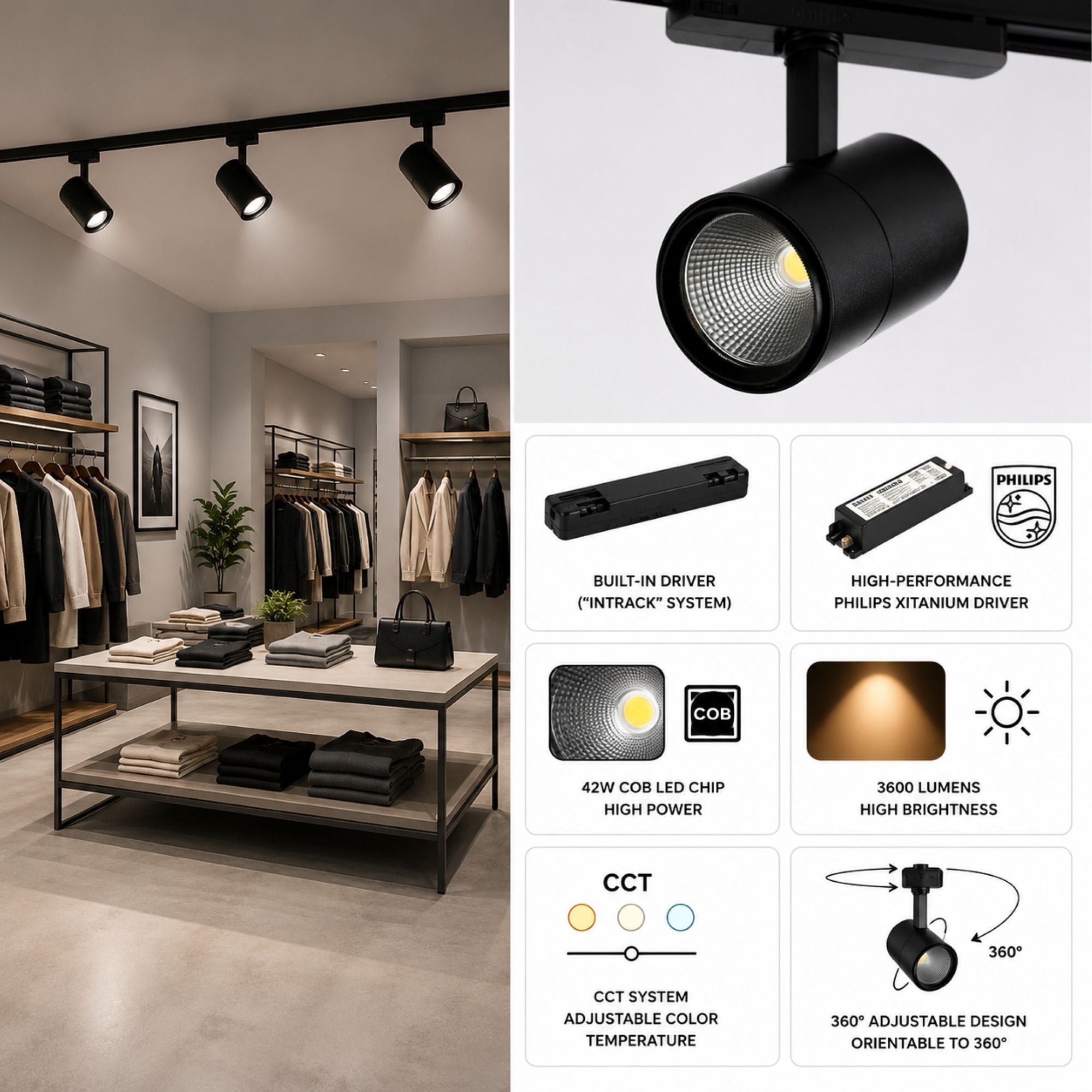 Foco LED para carril trifásico CCT 42W - CRI 95 - Driver Philips Xitanium integrado (9)