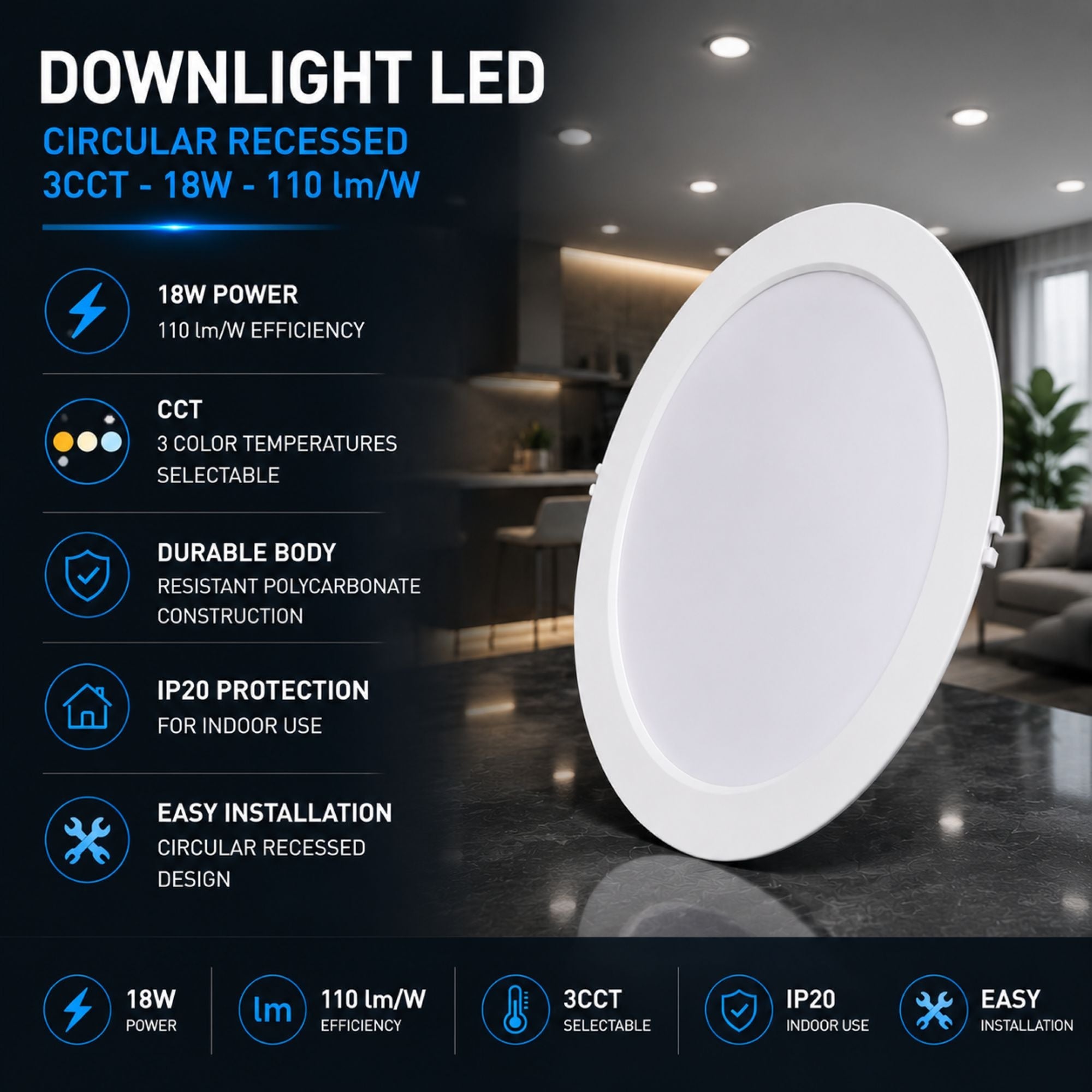 Downlight LED circular empotrable - 3CCT - 18W - 110 lm/W (2)