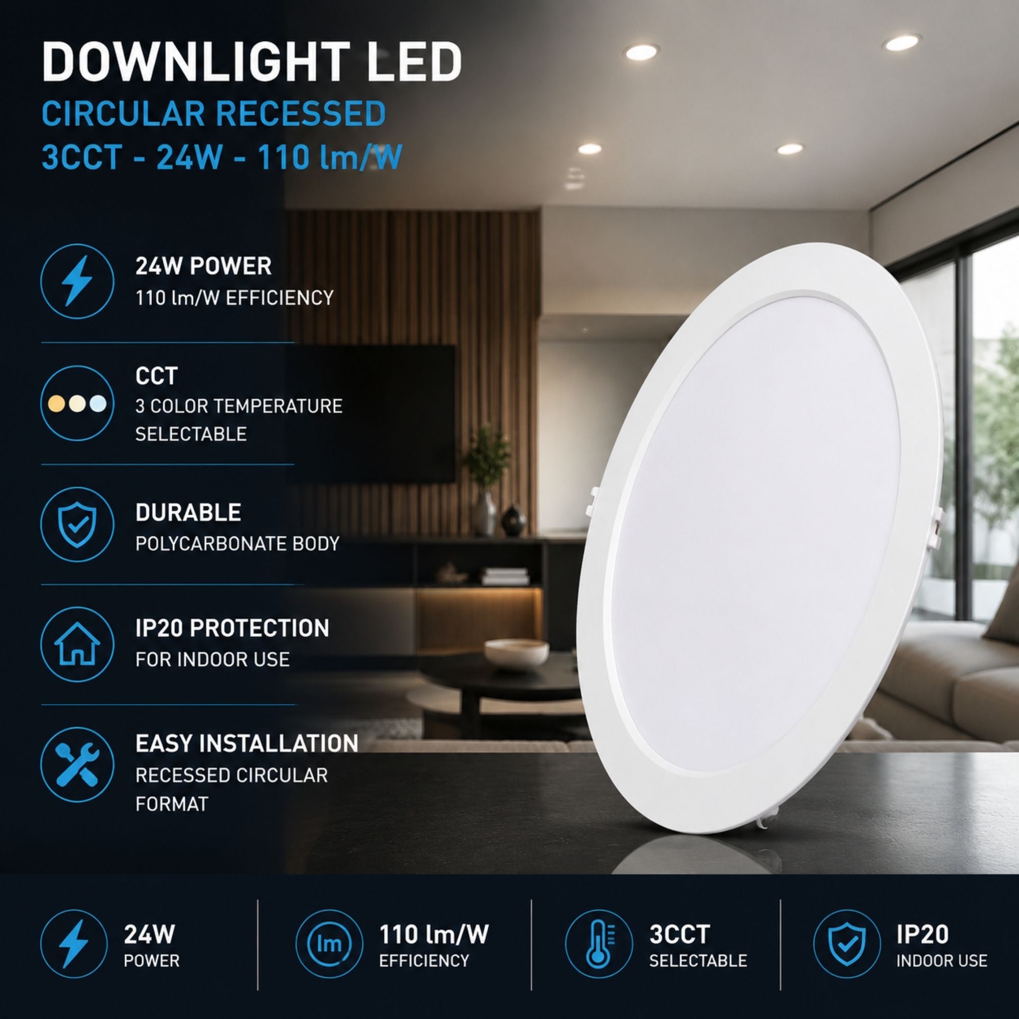 Downlight LED circular empotrable - 3CCT - 24W - 110 lm/W (2)