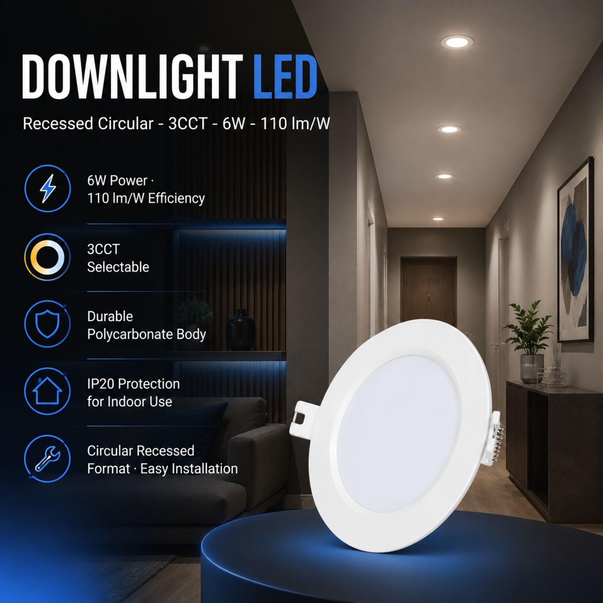 Downlight LED circular empotrable - 3CCT - 6W - 110 lm/W (2)