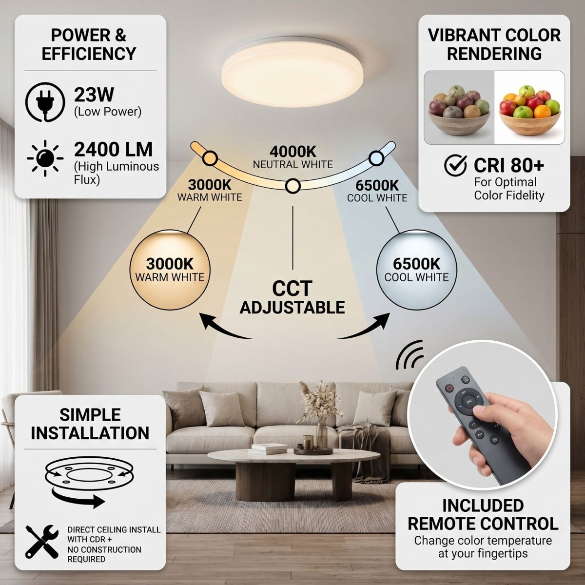 Plafón LED de techo con mando a distancia - CCT - 23W - CRI80 - IP20 - Barcelona Led-Iluminación