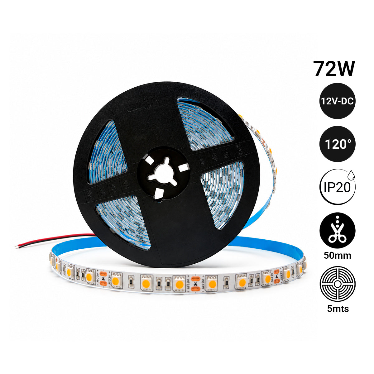 Tira de LED 12V-DC 72W 10mm monocolor IP20 (SMD5050 60cn/m) Rollo 5 metros