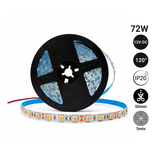 Λωρίδα LED 12V-DC 72W 10mm μονόχρωμη IP20 (SMD505050 60cn/m) Ρολό 5 μέτρων