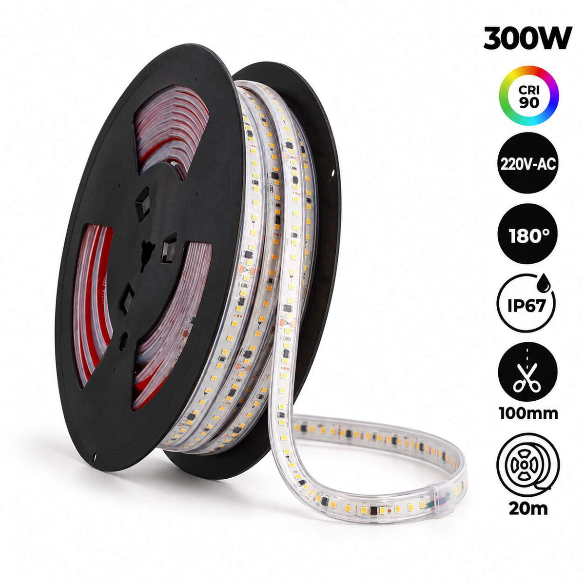 Tira LED 220V - 300W (2400xSMD2835) - 12mm - Apta exterior: IP67 - Rollo 20 metros
