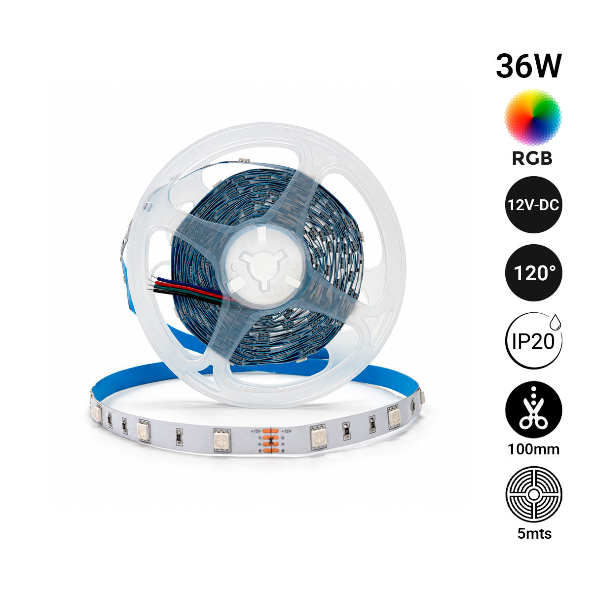 Tira de LED 12V-DC 36W 10mm multicolor RGB IP20 (SMD5050 30ch/m) Rollo 5 metros