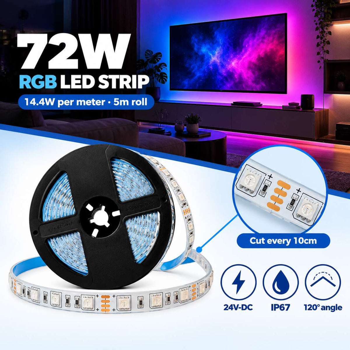 Tira de LED RGB - 12mm - 24V-DC - 72W - Corte cada 10cm - 5 metros - IP67 (3)