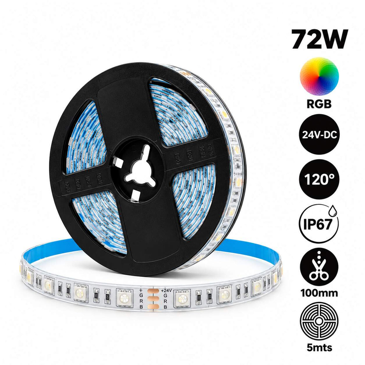 Tira de LED RGB - 12mm - 24V-DC - 72W - Corte cada 10cm - 5 metros - IP67