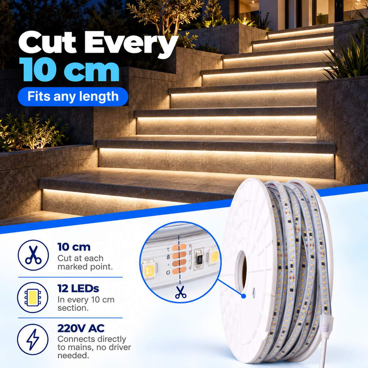 Tira LED 220V - 950W (6000xSMD2835) 12mm -  IP67 - Rollo 50 metros - Corte cada 10cm (9)