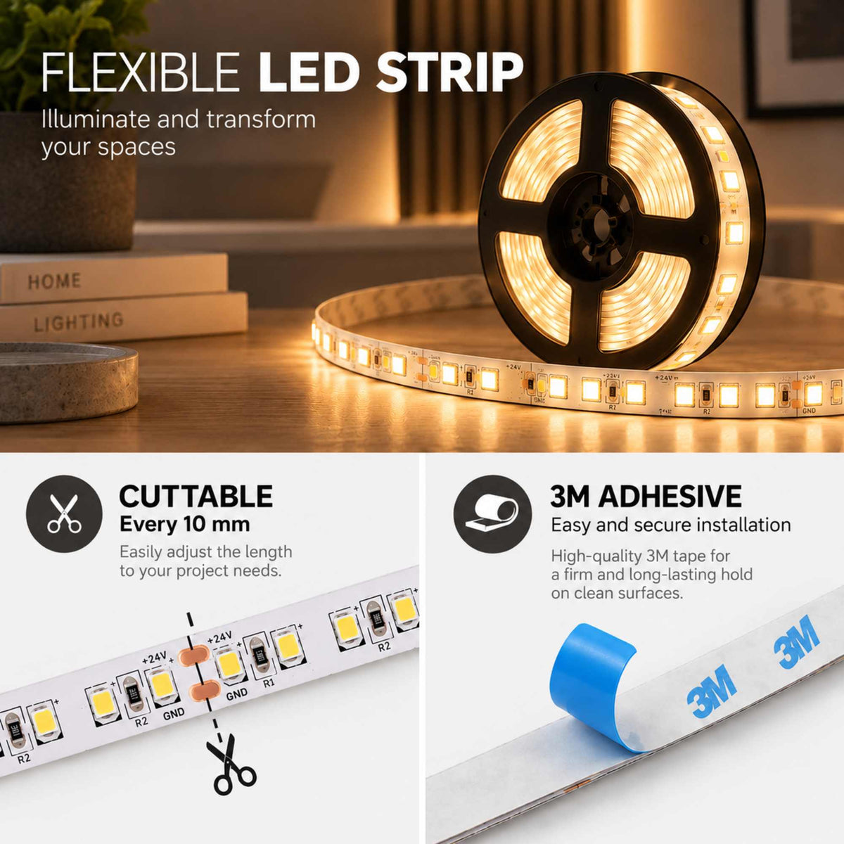 Tira LED 24V DC - 18W/m - Monocolor - 10mm - IP20 - Rollo 5 metros - 120ch/m (3)