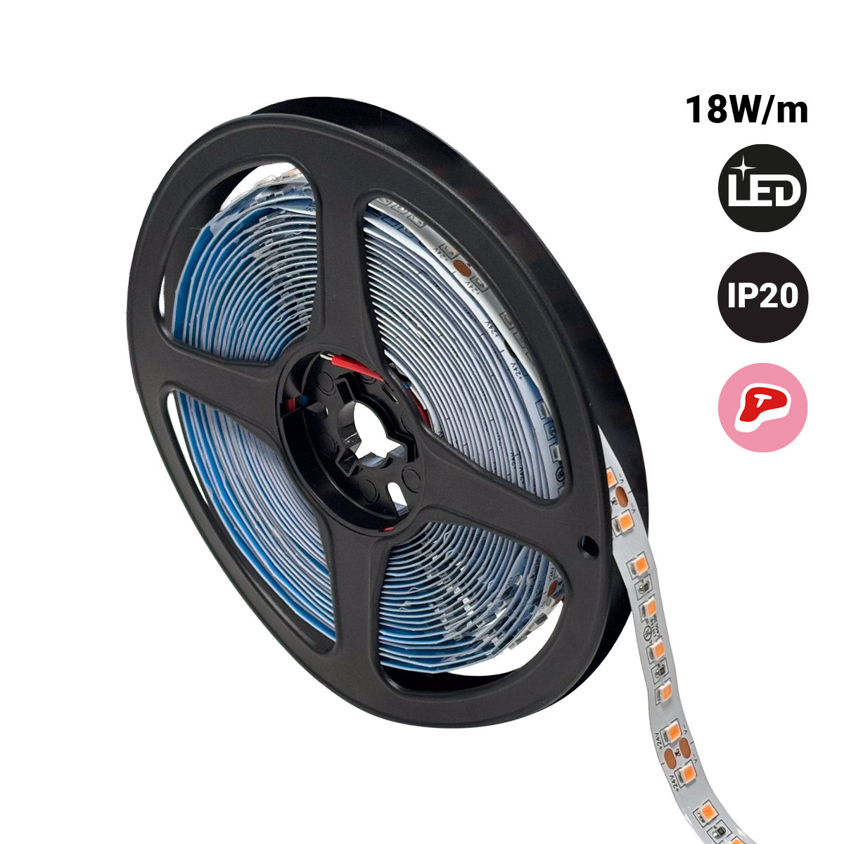 Tira de LED 24V DC especial para carnicerías - 18W/m - IP20 - Rollo 5 metros - 120ch/m