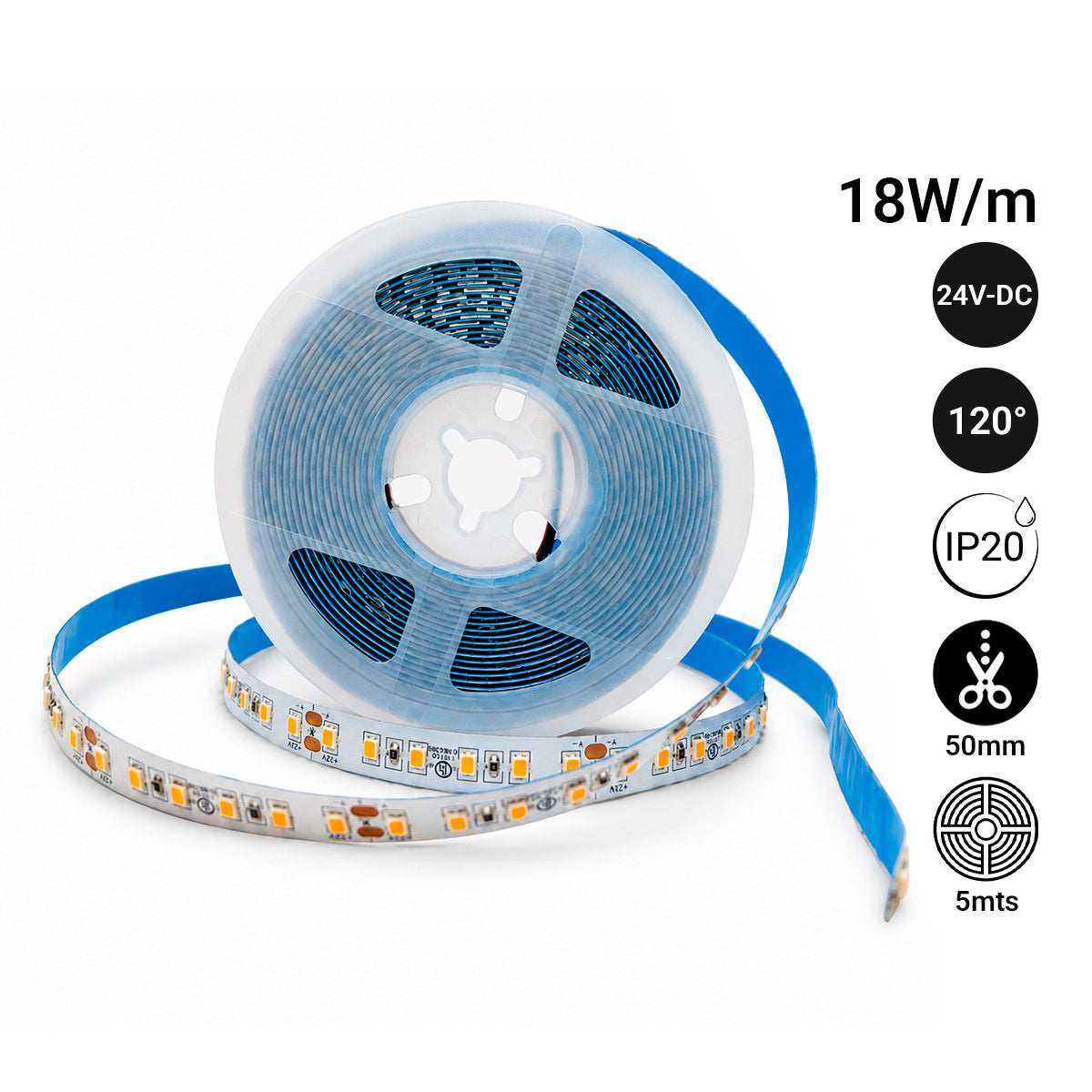 Tira LED 24V DC - 18W/m - Monocolor - 10mm - IP20 - Rollo 5 metros - 120ch/m