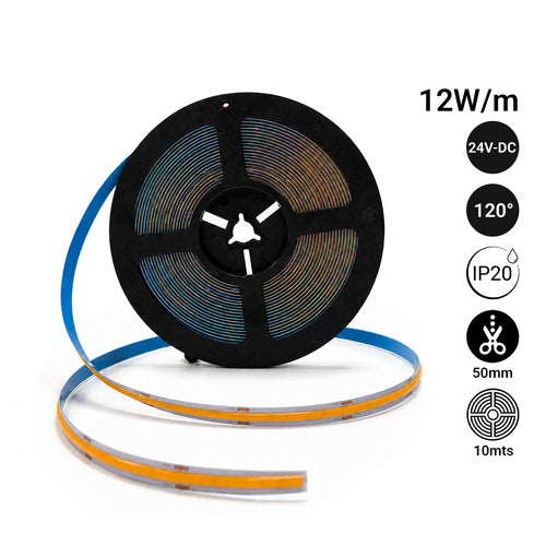 24V DC COB LED Strip - 12W/m - 10mm - IP20 - 10 meters roll - Cut every 5cm