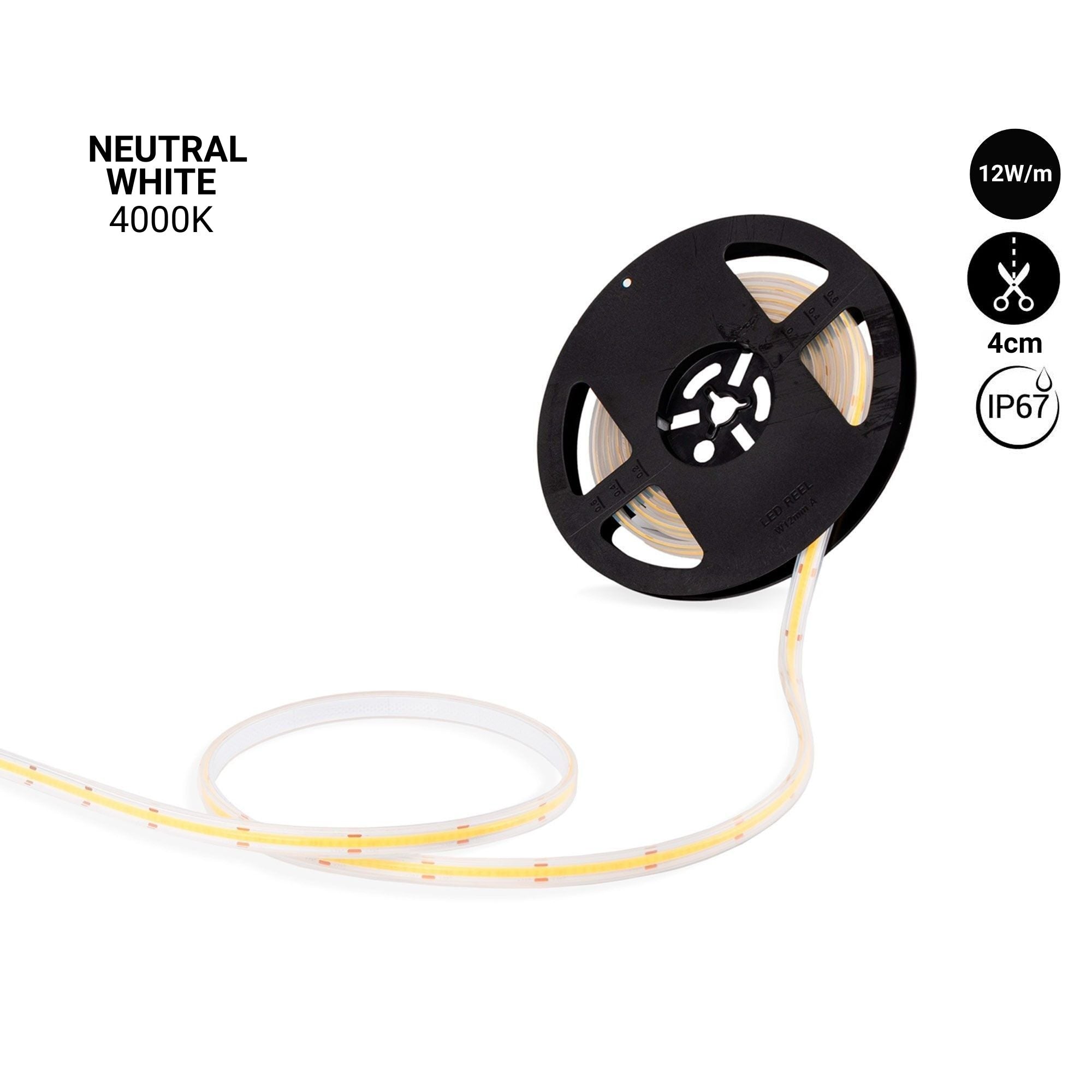 Tira LED COB 24V DC - 12W/m - 10mm - IP67 - Rollo de 5 metros - Corte cada 4cm (12)