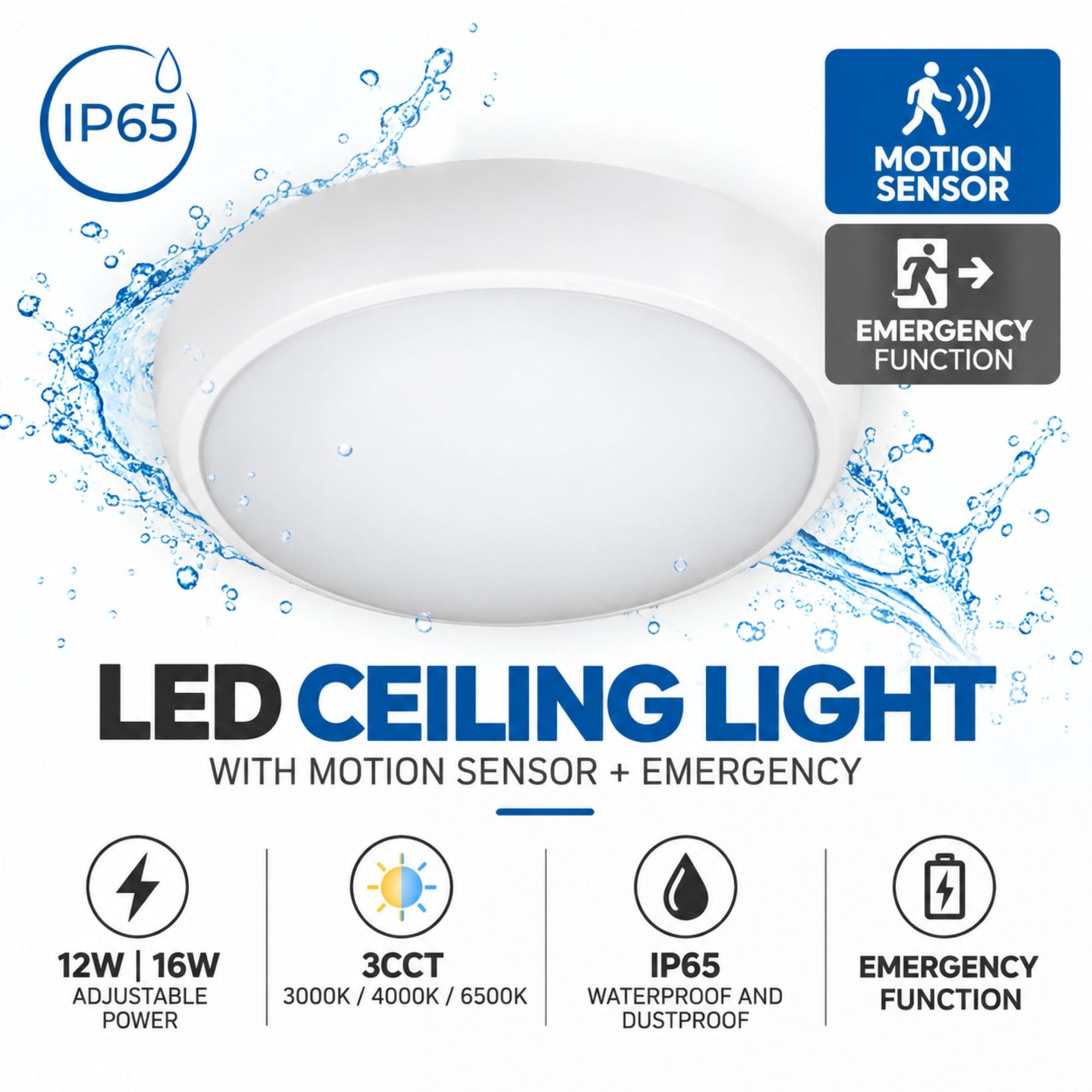 Plafón LED de techo estanco con sensor de movimiento + Luz de emergencia - CCT - Potencia ajustable 12W-16W - Ø31cm - IP65 (1)