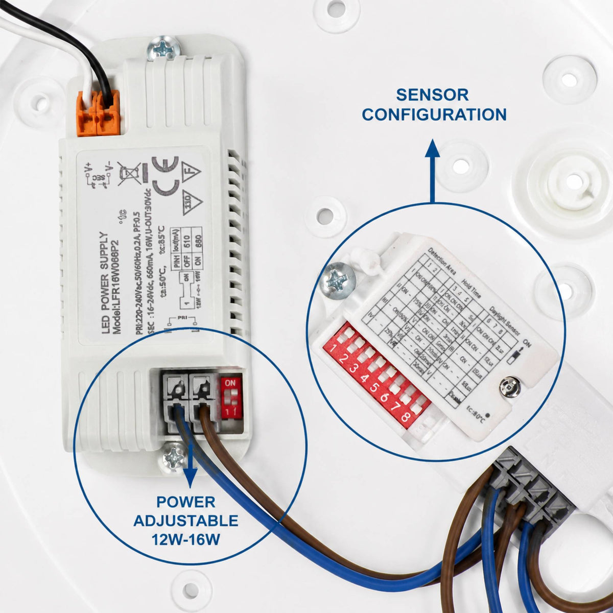 Plafón LED de techo estanco con sensor de movimiento + Luz de emergencia - CCT - Potencia ajustable 12W-16W - Ø31cm - IP65 (12)
