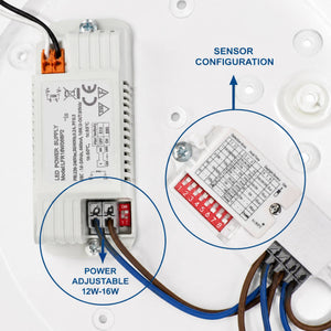 Plafón LED de techo estanco con sensor de movimiento + Luz de emergencia - CCT - Potencia ajustable 12W-16W - Ø31cm - IP65 (12)