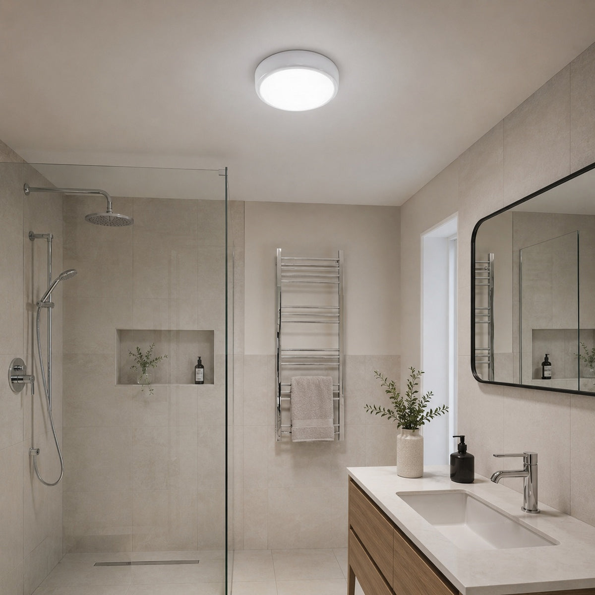 Plafón LED de techo estanco con sensor de movimiento + Luz de emergencia - CCT - Potencia ajustable 12W-16W - Ø31cm - IP65 (16)