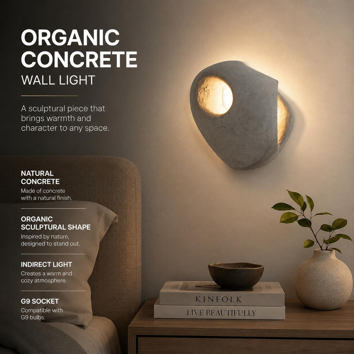 Aplique de pared cemento "BASALT" - Diseño orgánico - 1xG9 (4)
