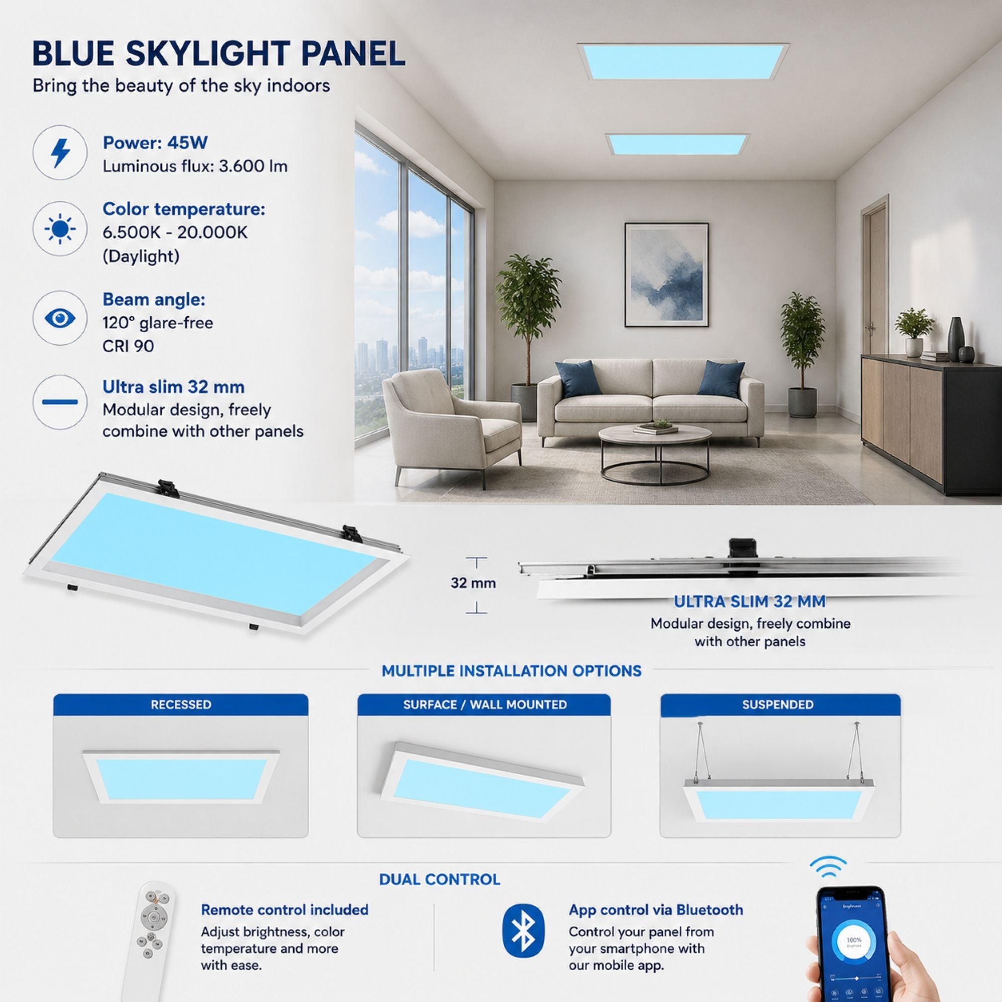 Panel Blue Skylight efecto cielo "SKYWIN SR" - Slim - Daylight - 45W - 60x30cm (7)