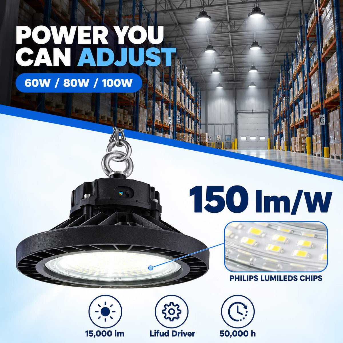 Campana LED industrial - 100W - PHILIPS Lumileds - Driver LIFUD - 5000K - IP65 - 7 años garantía (2)