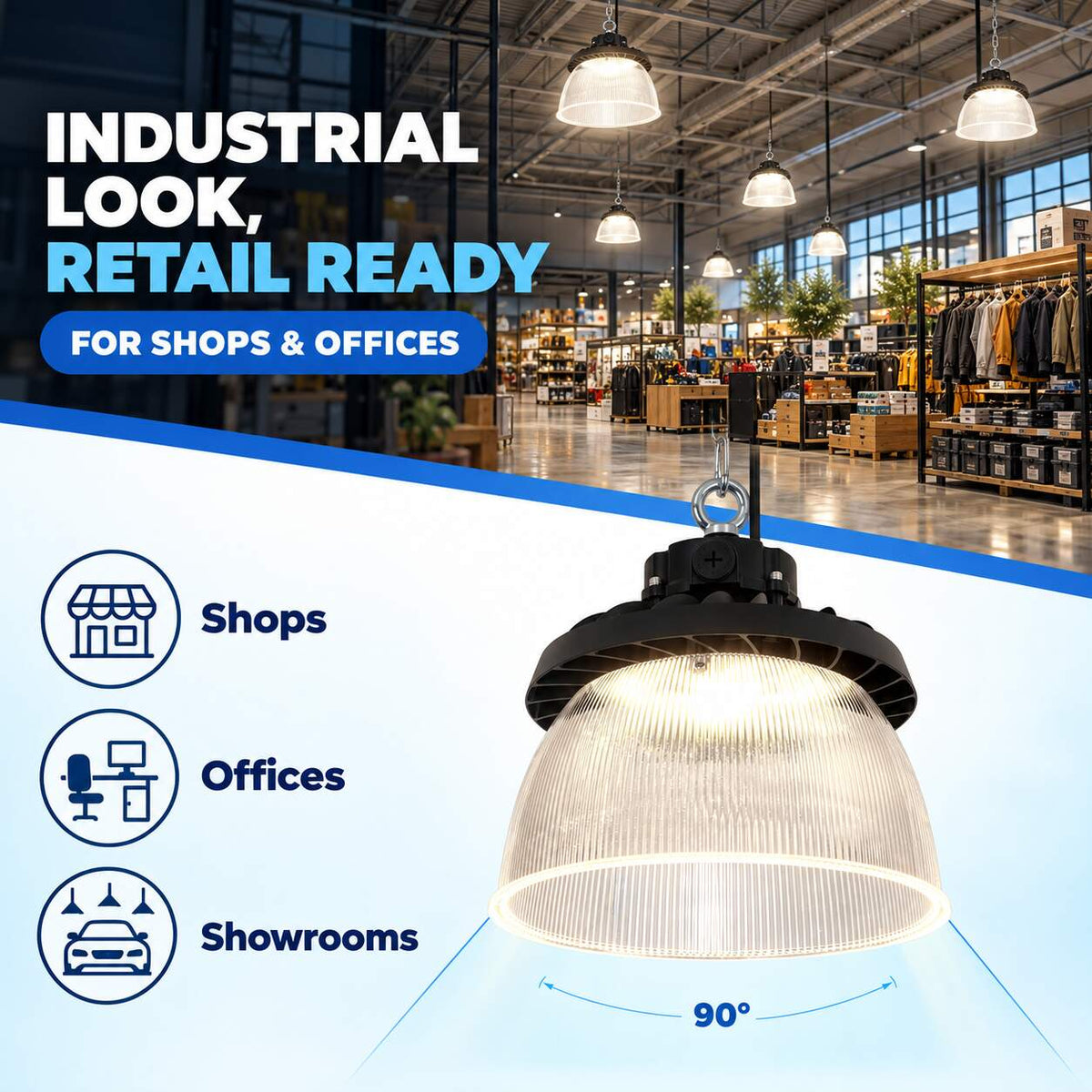 Difusor lumínico de policarbonato para campana LED industrial  B8155-150W - B8150-150 - Ángulo 90° (2)