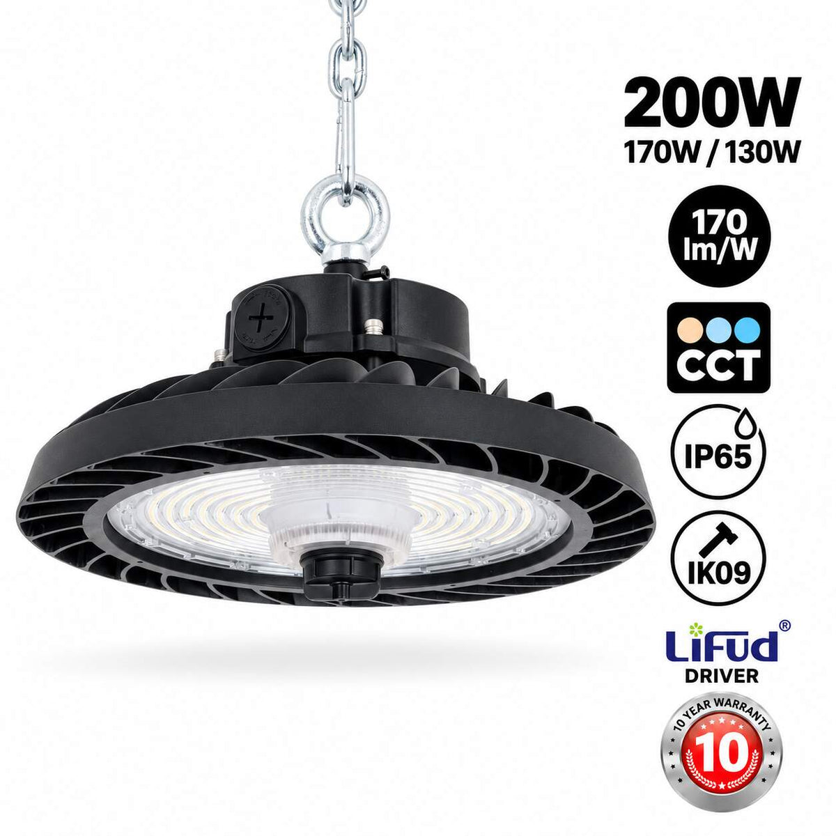 Campana LED industrial 200W - CCT - 170lm/W - Driver LIFUD - IP65 - 10 años garantía
