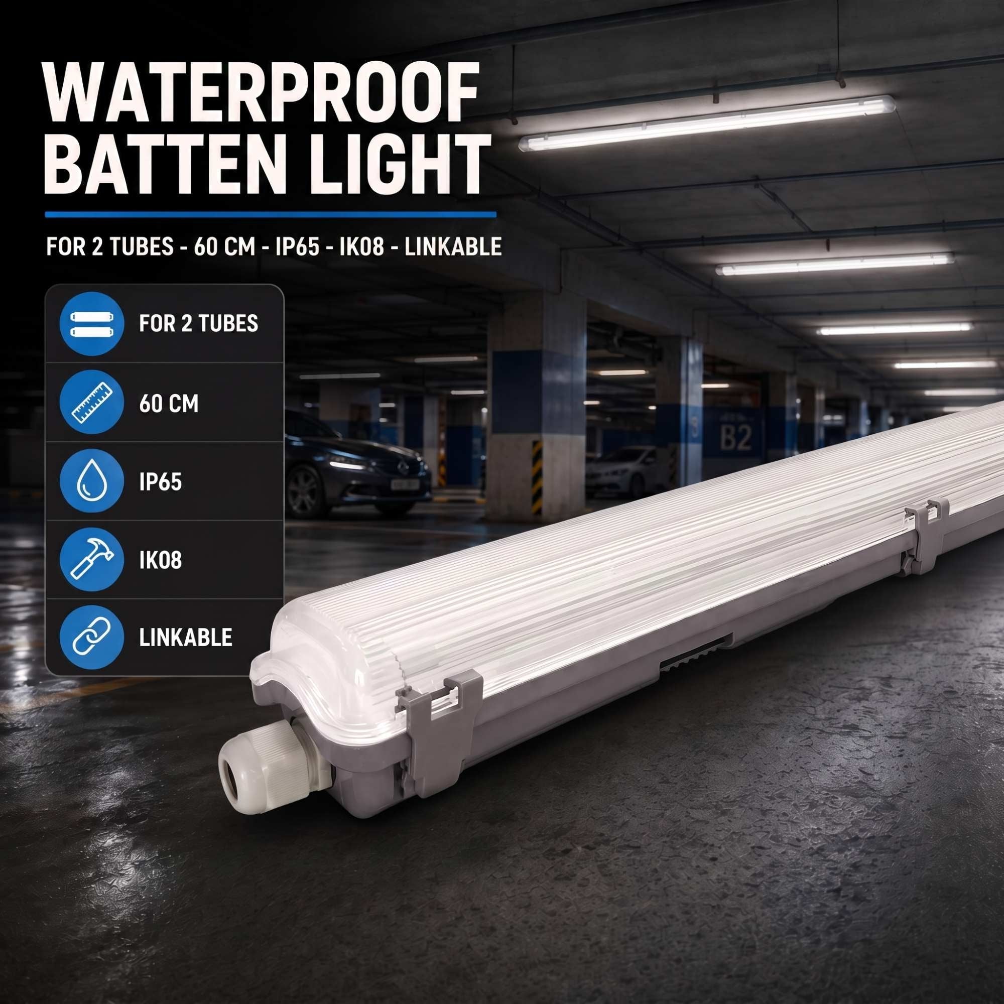 Pantalla estanca para 2 tubos LED - 60cm - IP65 (2)