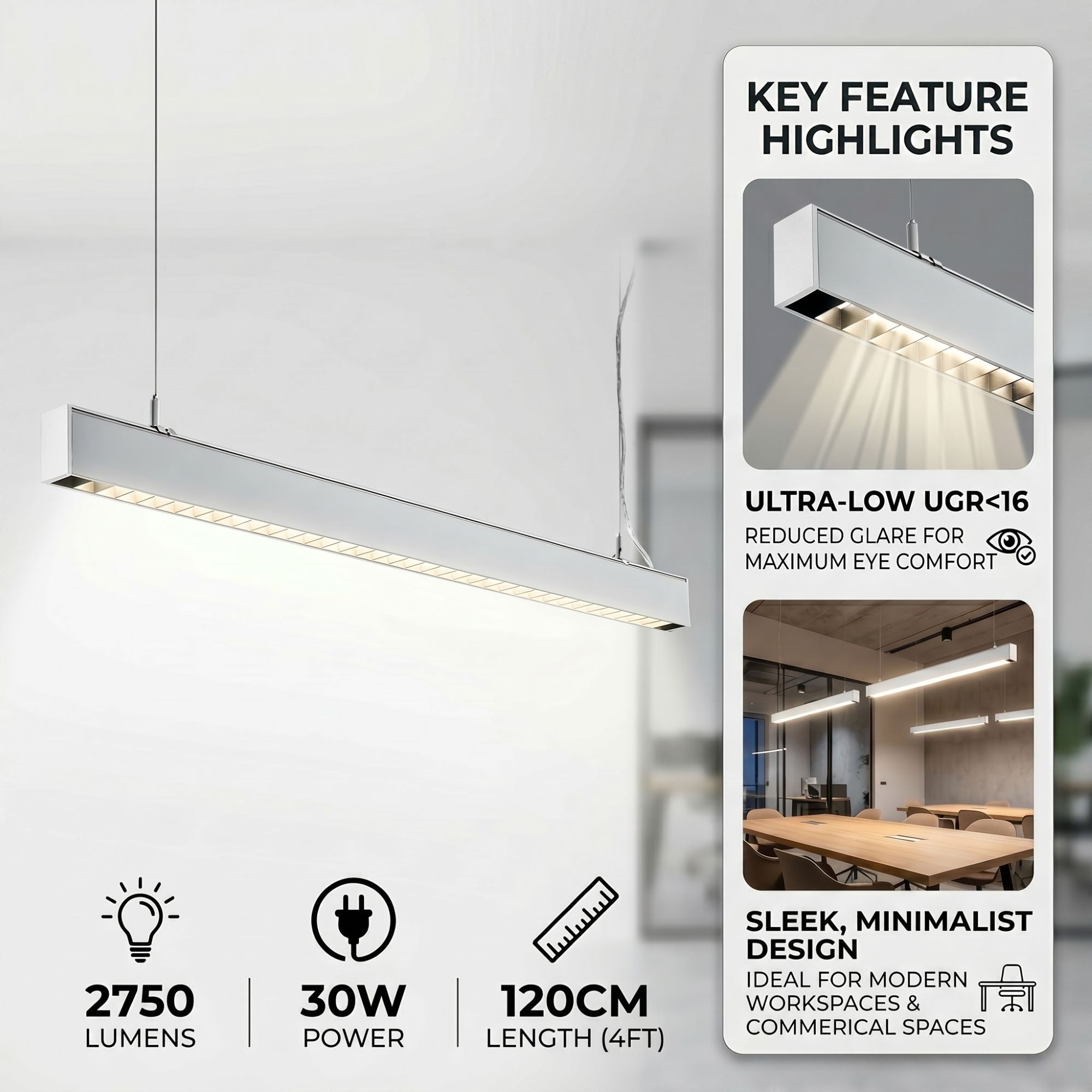 Luminaria  colgante lineal LED 30W 120cm 2750lm de bajo UGR16 (4)