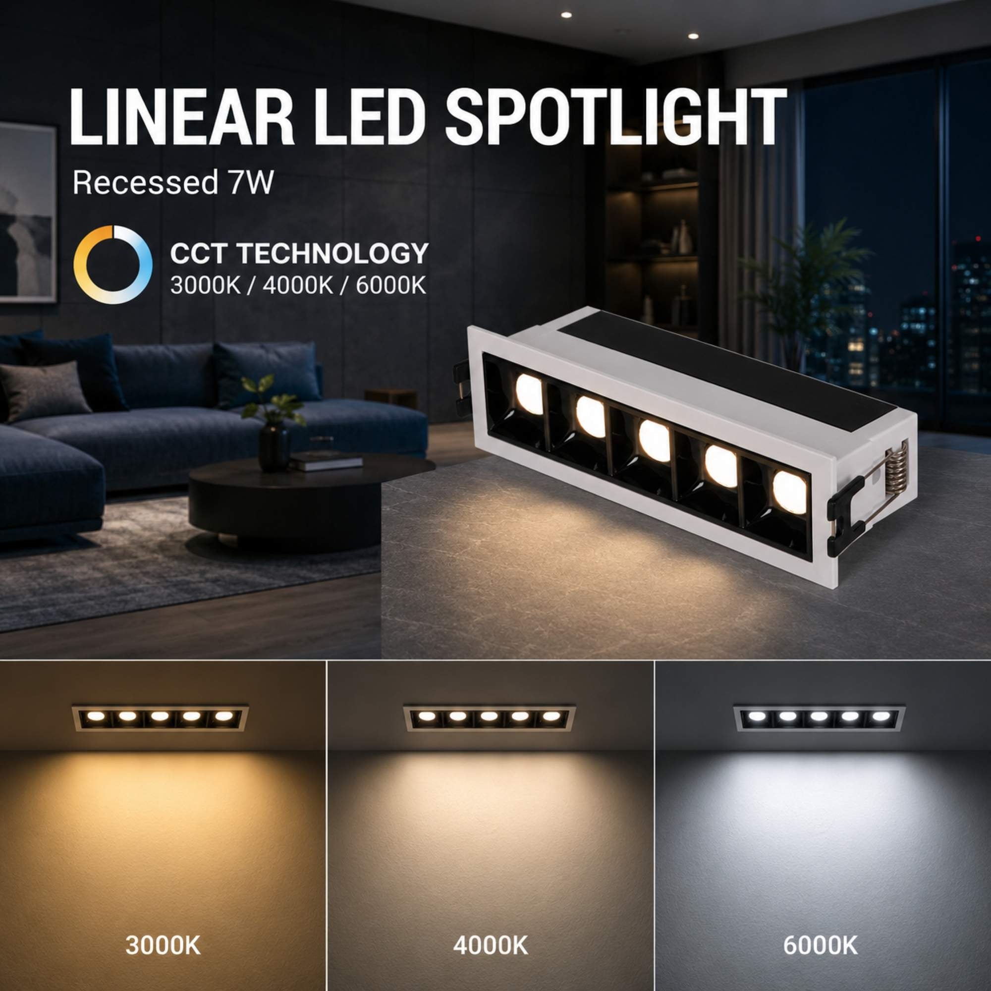Foco lineal LED empotrable 7W - CCT - UGR18 - CRI90 - IP20 (5)