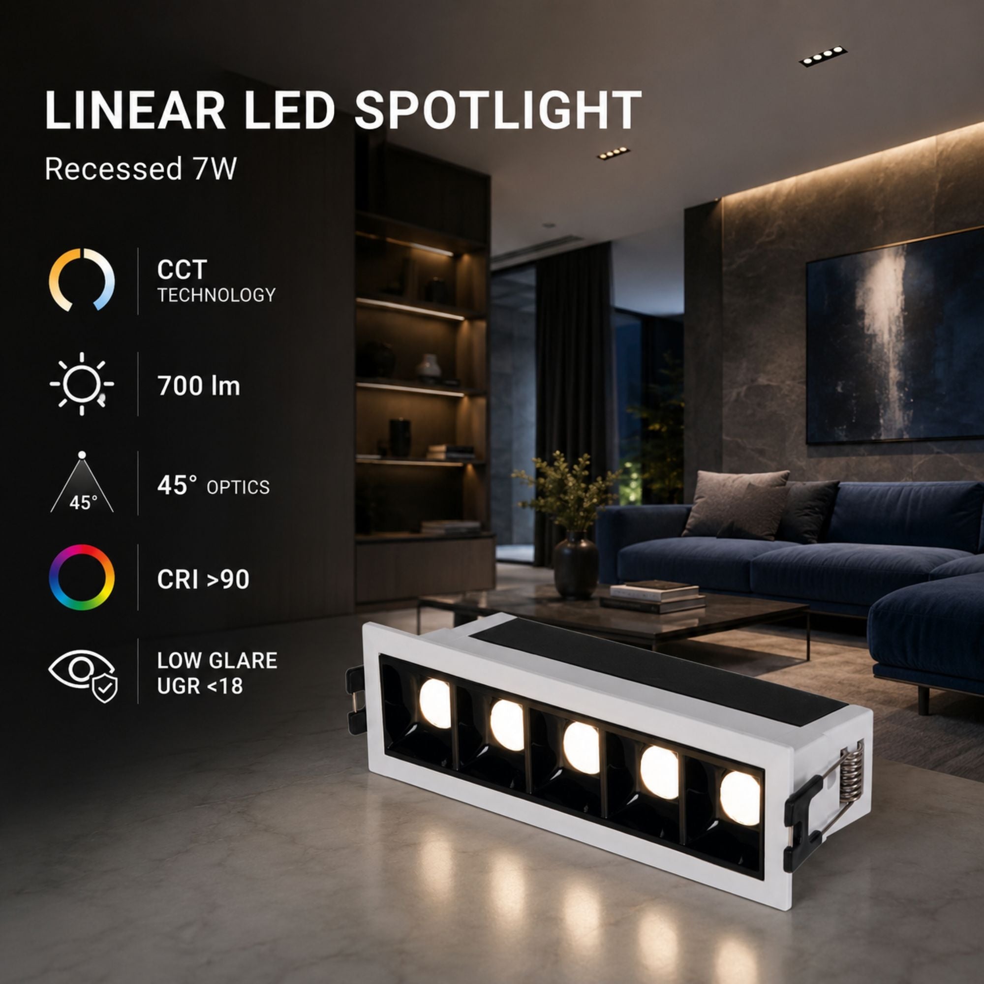 Foco lineal LED empotrable 7W - CCT - UGR18 - CRI90 - IP20 (10)