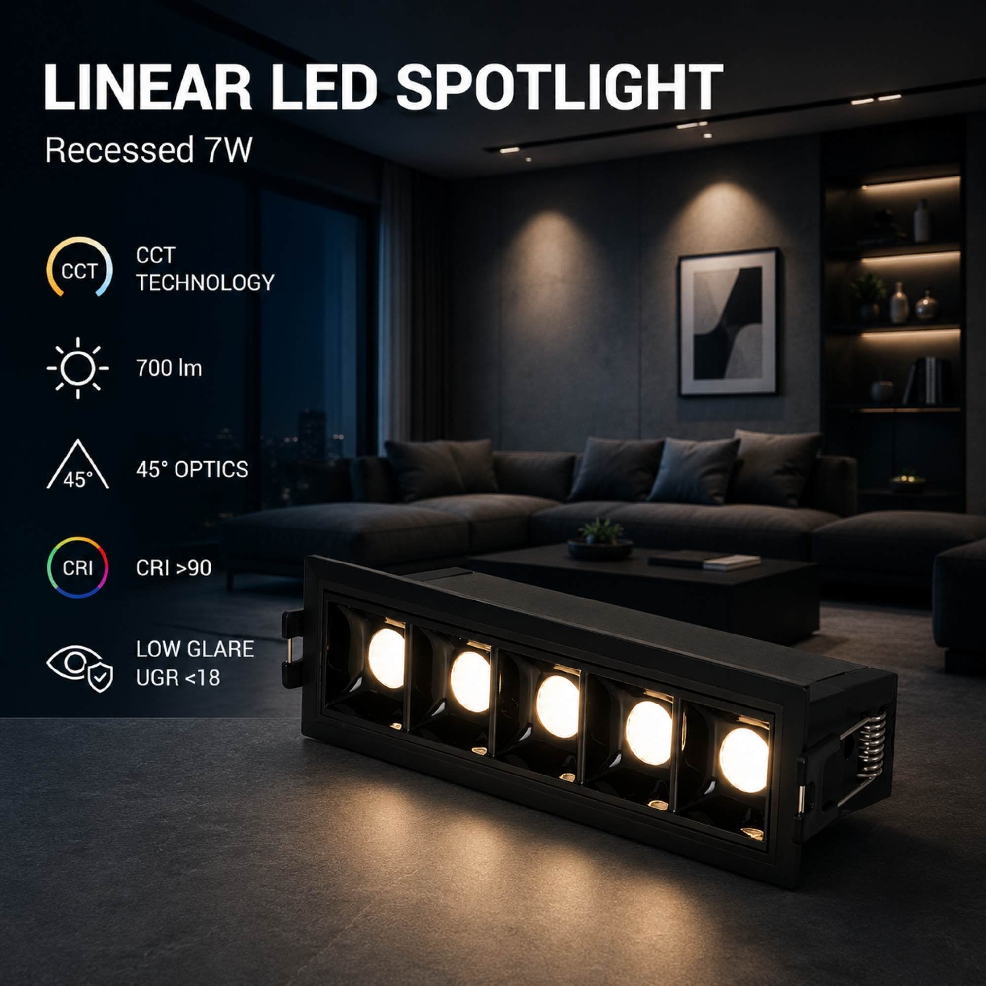 Foco lineal LED empotrable 7W - CCT - UGR18 - CRI90 - IP20 (26)