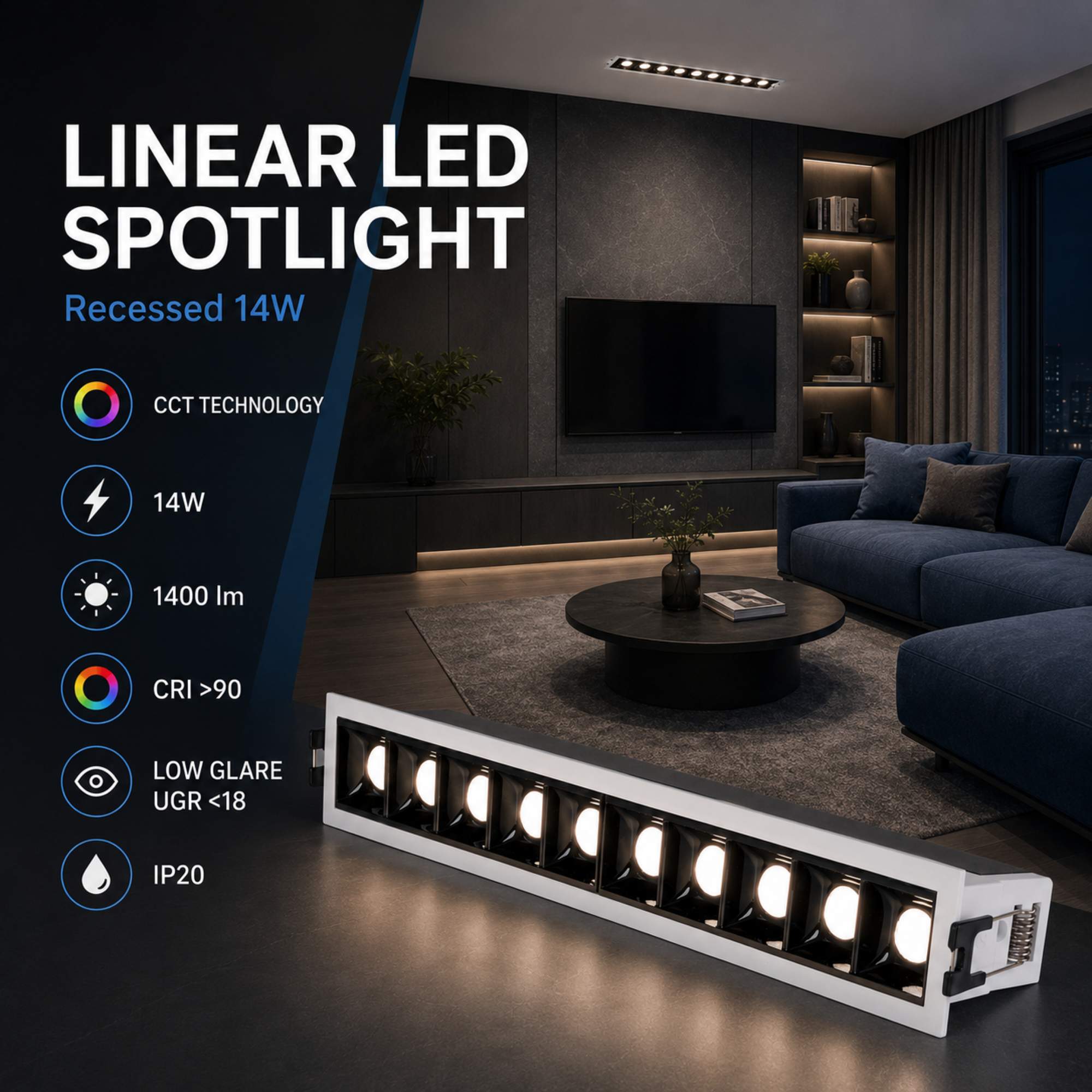 Foco lineal LED empotrable 14W - CCT - UGR18 - CRI90 - IP20 (6)