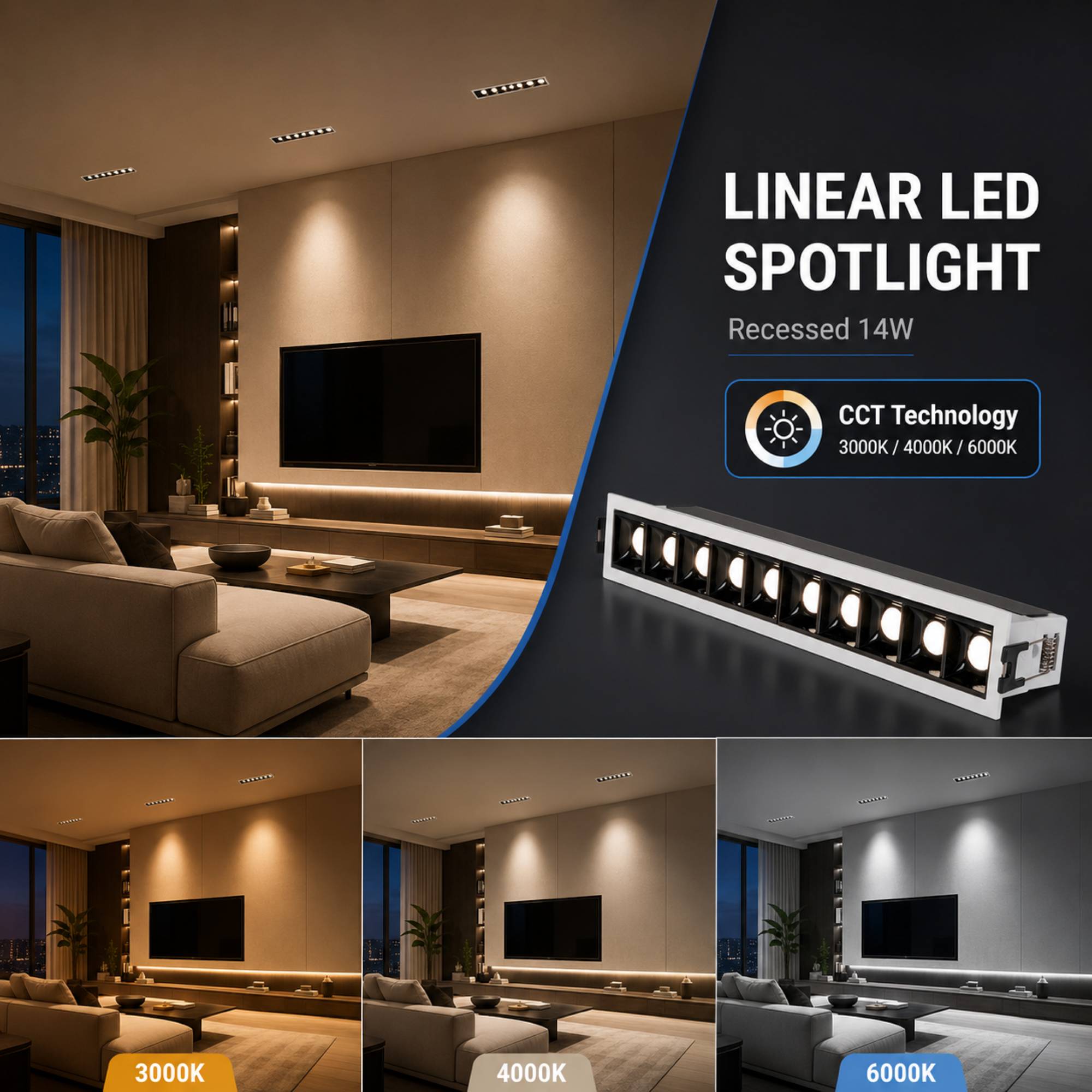 Foco lineal LED empotrable 14W - CCT - UGR18 - CRI90 - IP20 (9)
