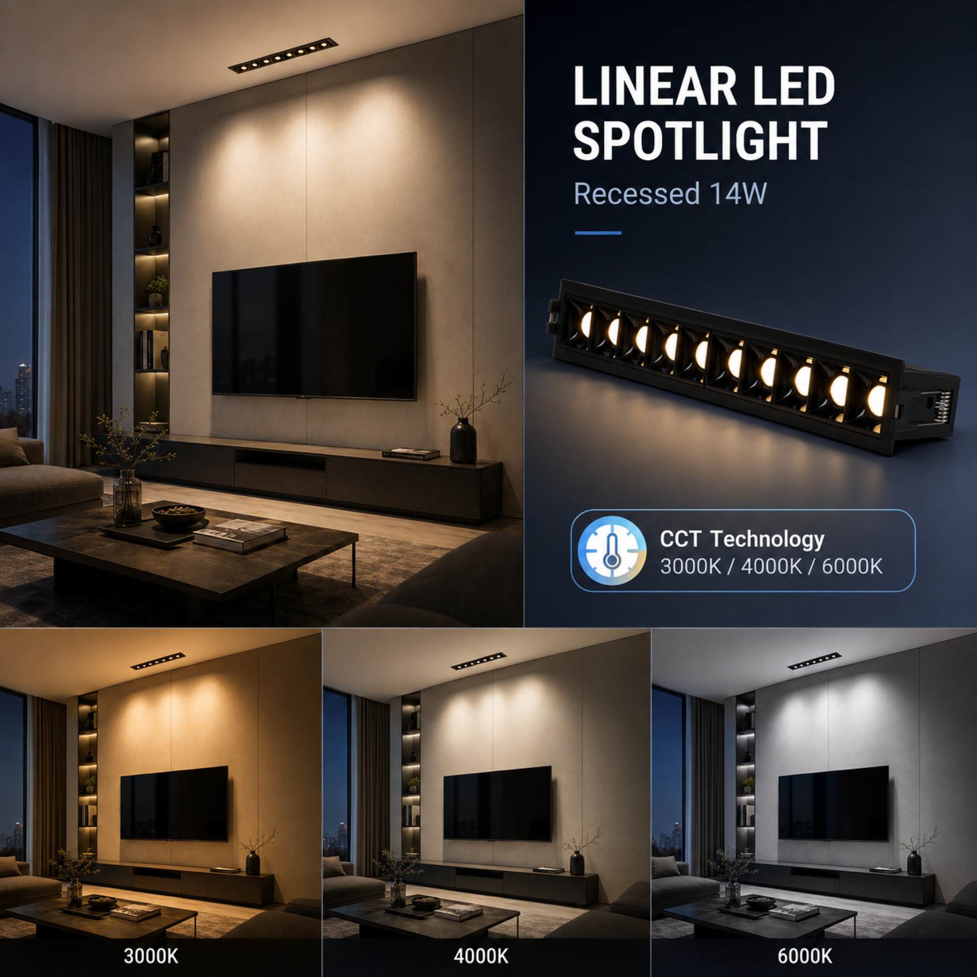 Foco lineal LED empotrable 14W - CCT - UGR18 - CRI90 - IP20 (26)