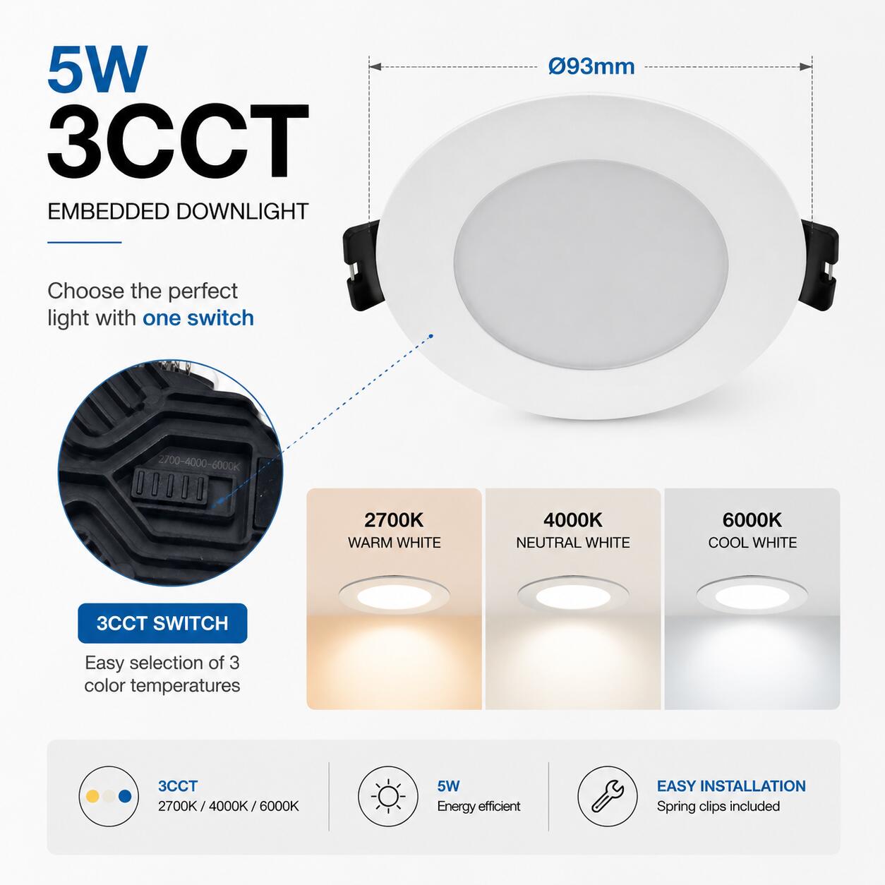 Downlight LED circular empotrable - CCT - 5W - Corte Ø 75 mm - IP54 (3)