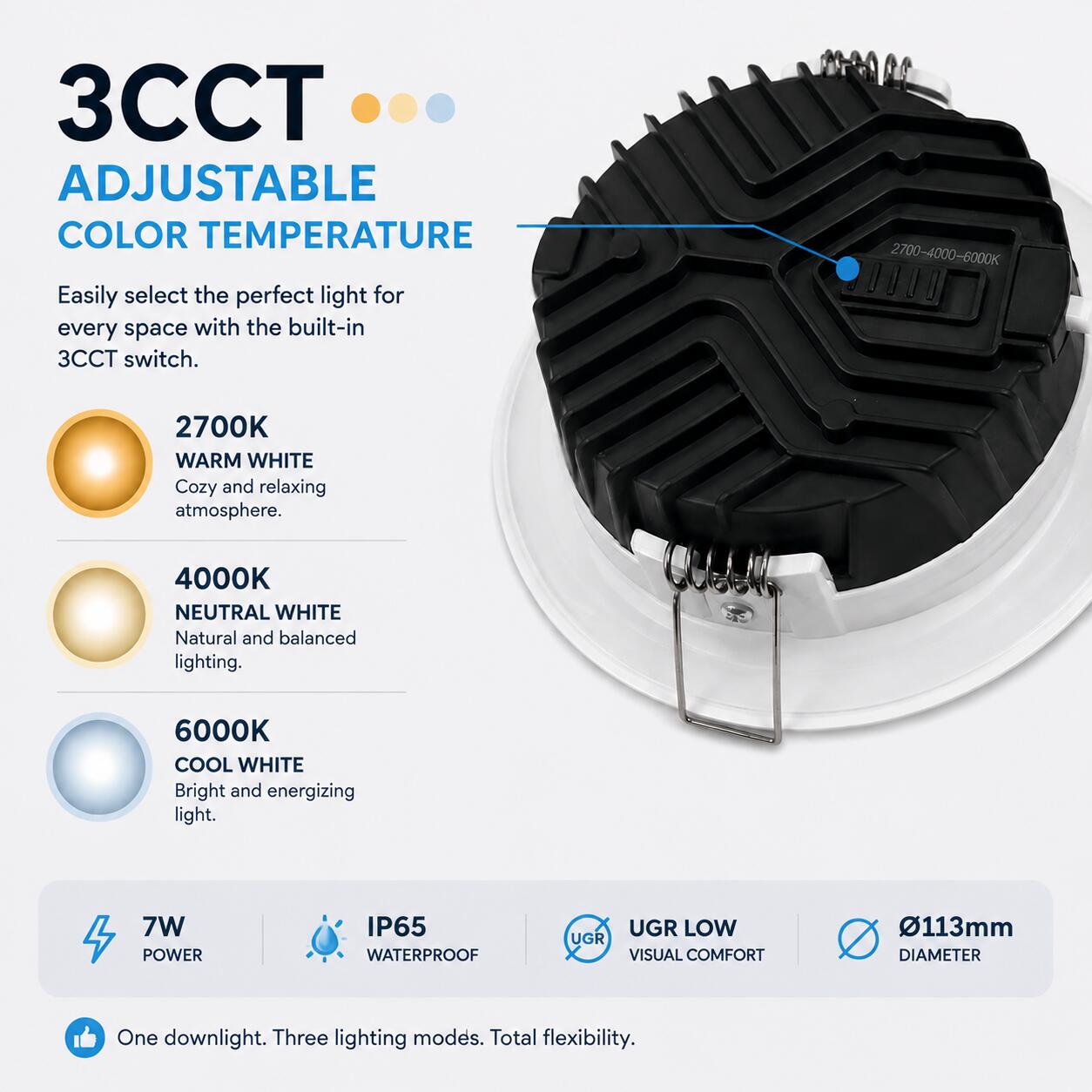 Downlight LED circular empotrable - CCT - 7W - Corte Ø 95 mm - IP54 (3)