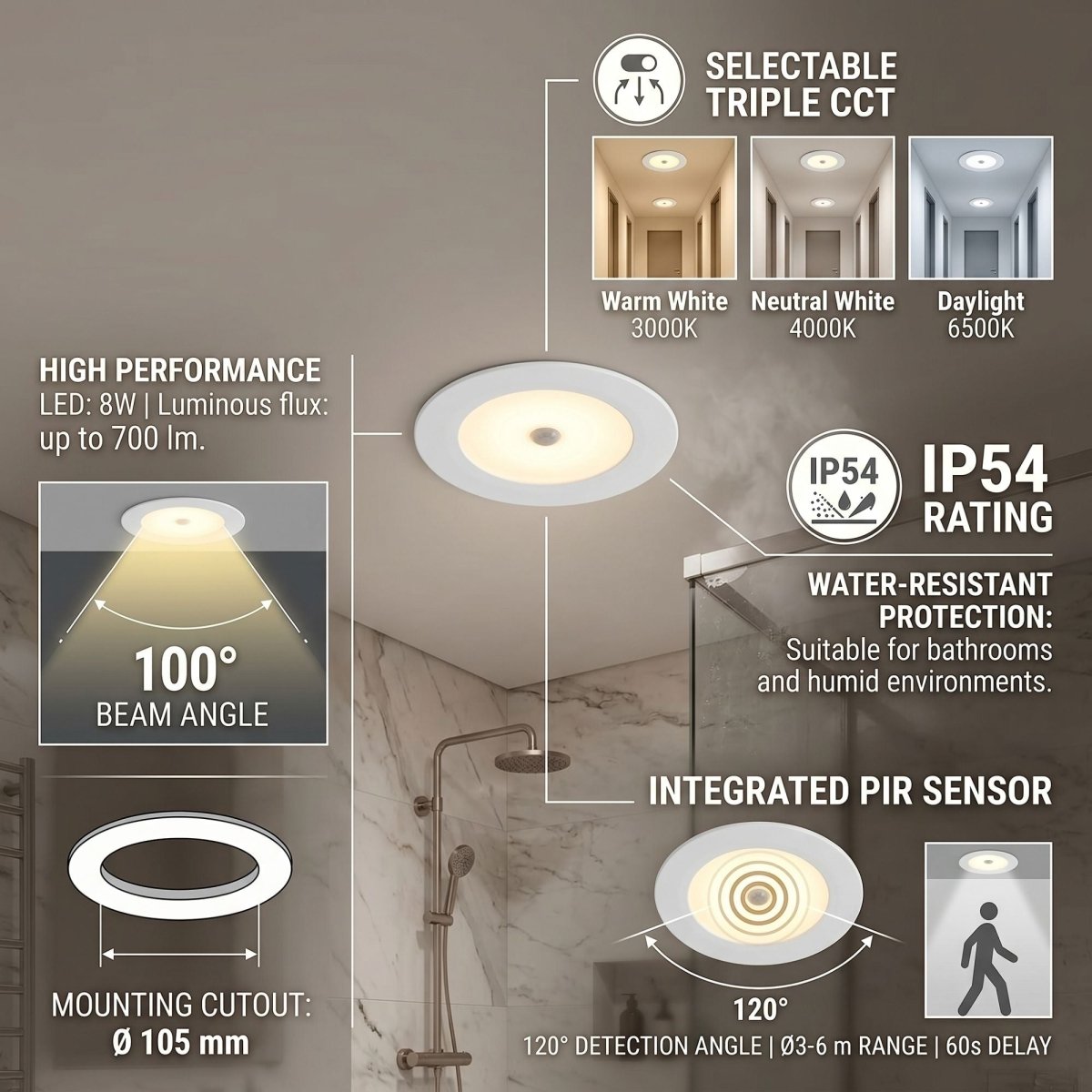 Downlight LED con sensor PIR "CLIO" - 8W - CCT - 700lm - Corte Ø85mm - IP54 - Barcelona Led-Iluminación