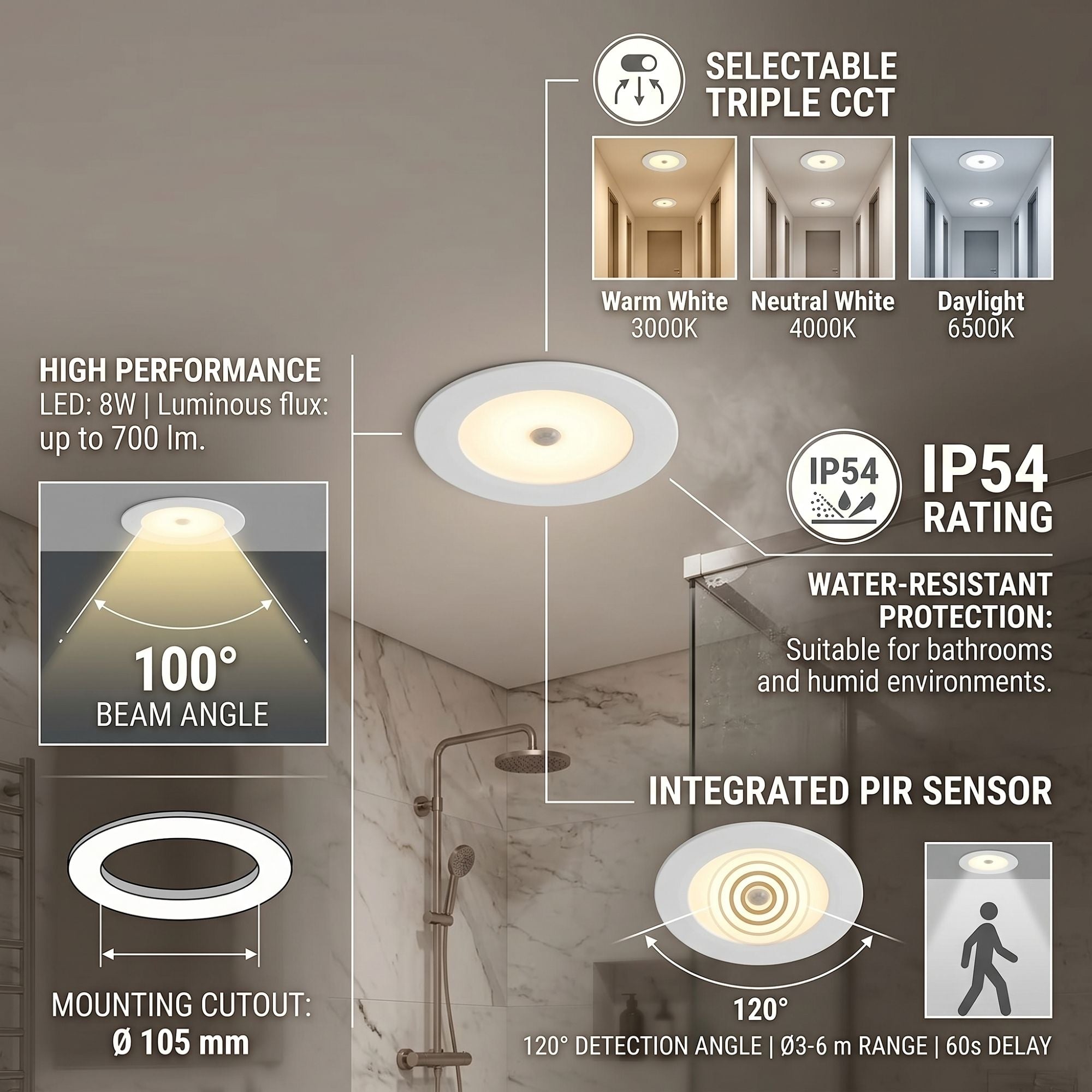 Downlight LED con sensor PIR "CLIO" - 8W - CCT - 700lm - Corte Ø85mm - IP54 (11)