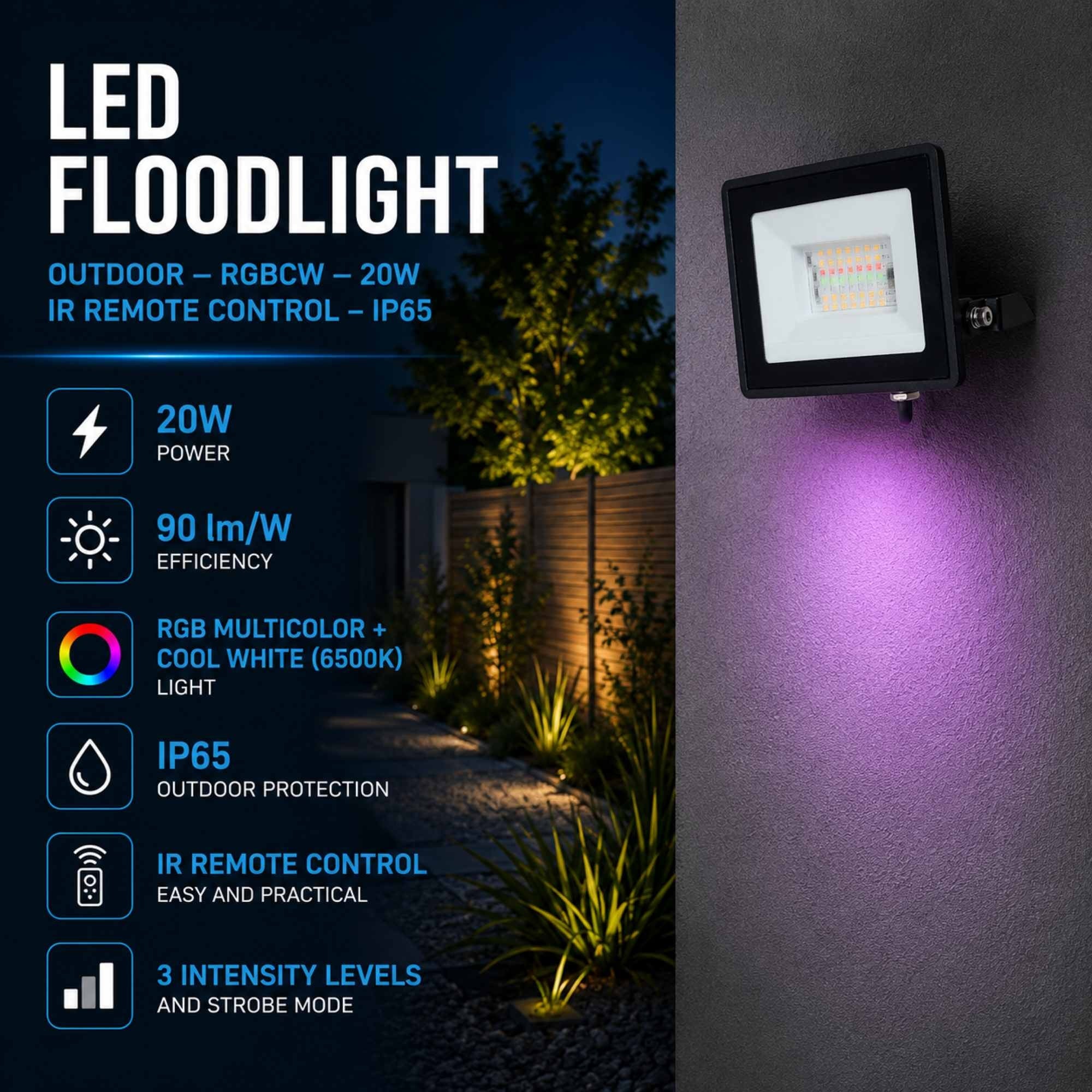 Proyector LED de exterior - RGBCW - 20W - mando a distancia IR - IP65 (9)