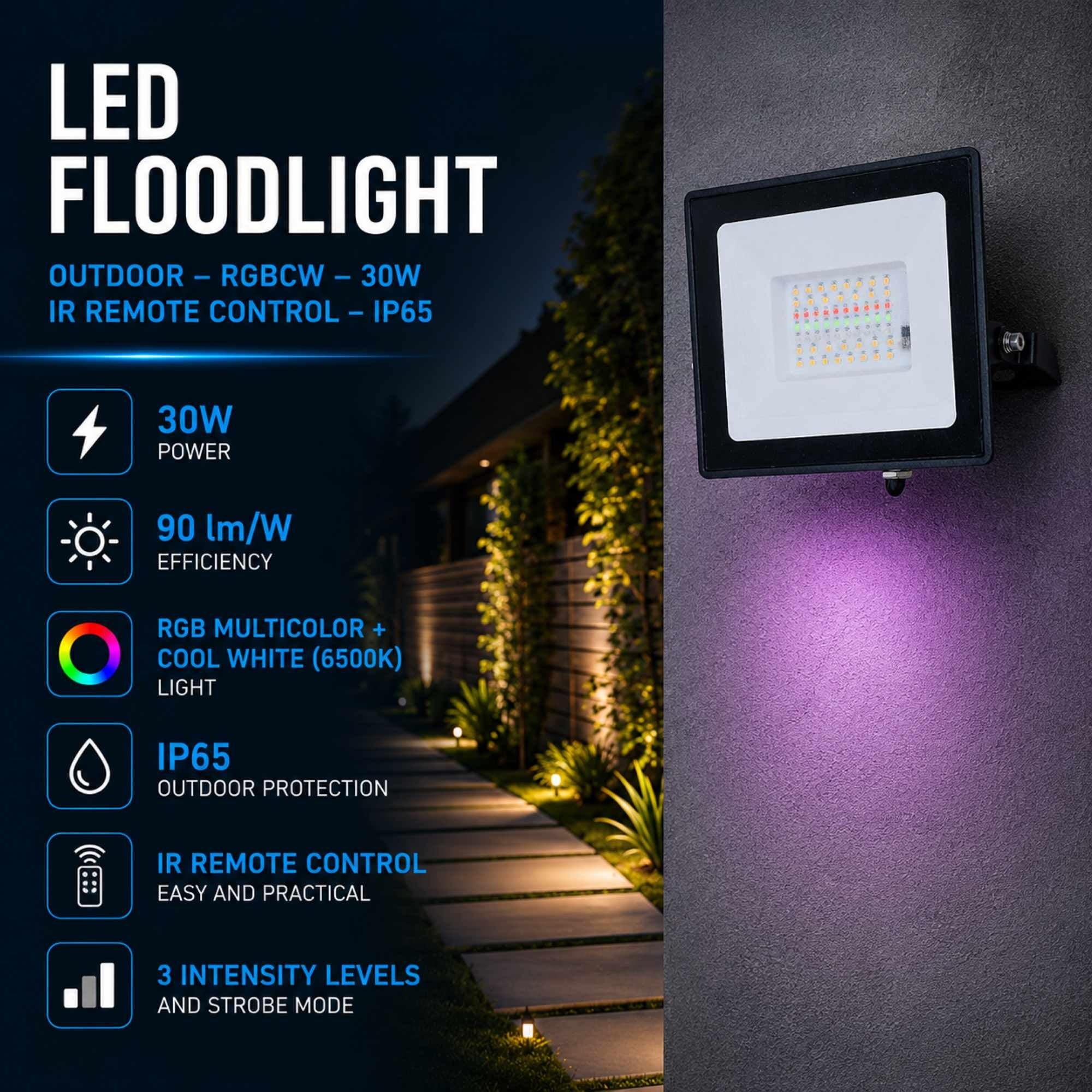 Proyector LED de exterior - RGBCW - 30W - mando a distancia IR - IP65 (7)