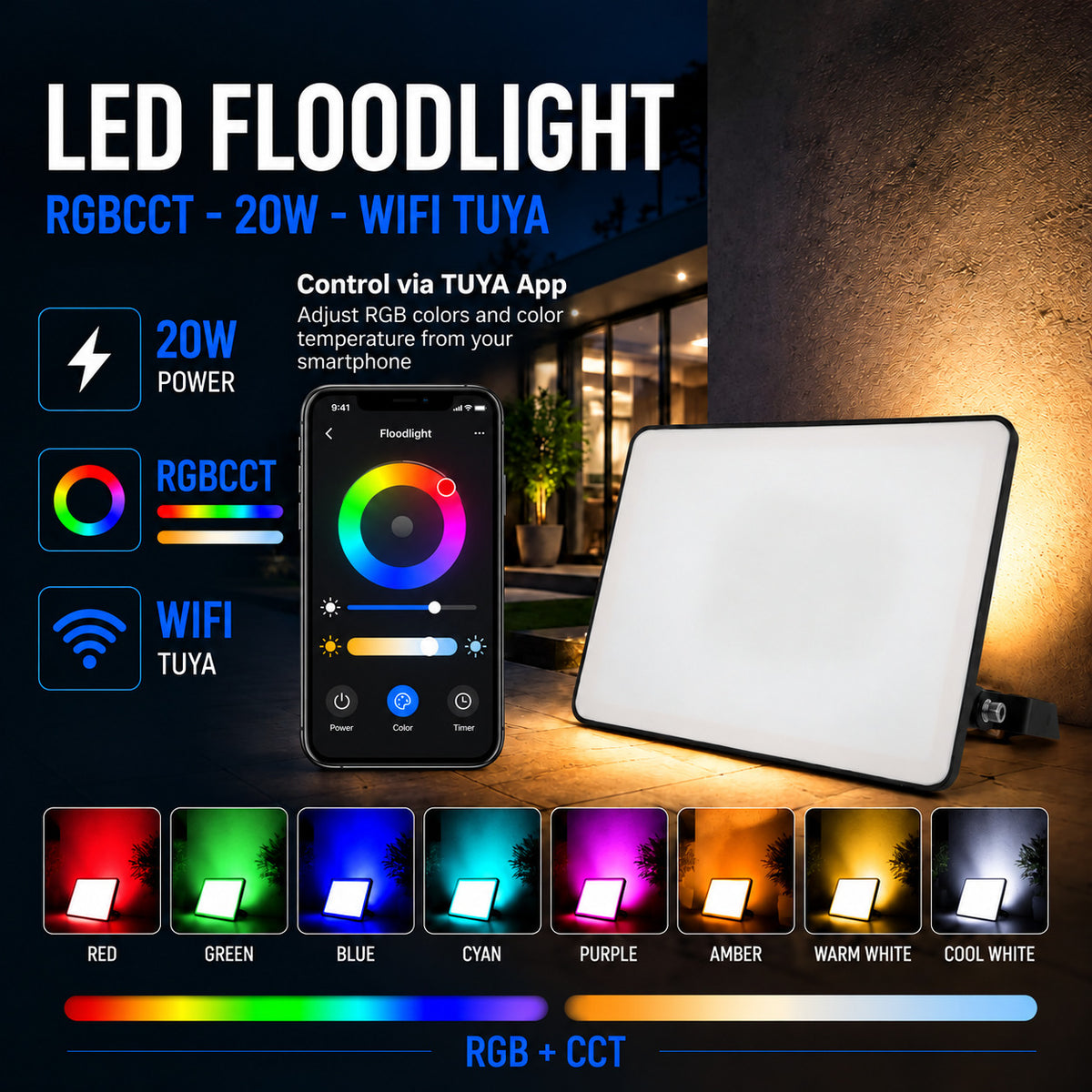 Proyector LED de exterior - RGBCCT - 20W - control WIFI/TUYA APP - IP65 (2)
